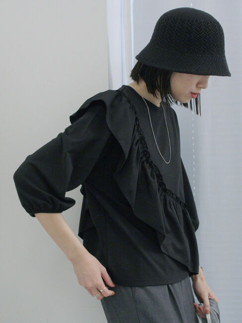 Samansa Mos2 blue「7分袖ドッキングフリルプルオーバー」|Tシャツ・カットソー|