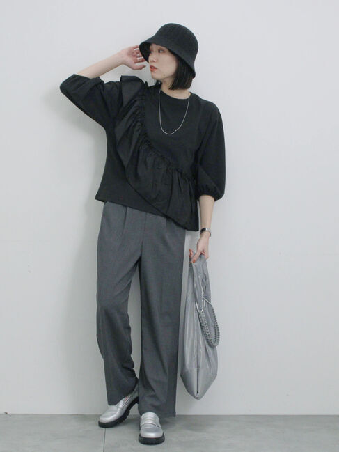 Samansa Mos2 blue「7分袖ドッキングフリルプルオーバー」|Tシャツ・カットソー|