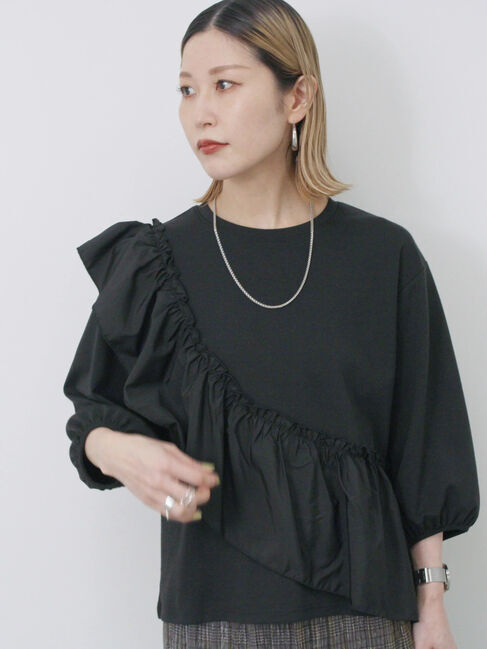 Samansa Mos2 blue「7分袖ドッキングフリルプルオーバー」|Tシャツ・カットソー|