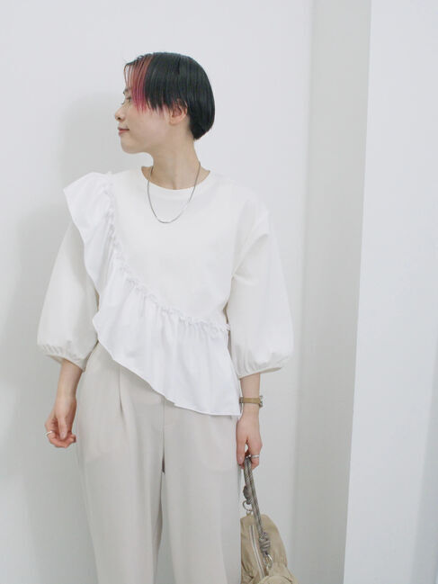 Samansa Mos2 blue「7分袖ドッキングフリルプルオーバー」|Tシャツ・カットソー|