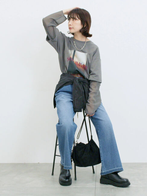 Samansa Mos2 blue「袖シフォンレイヤードプルオーバー」|Tシャツ・カットソー|