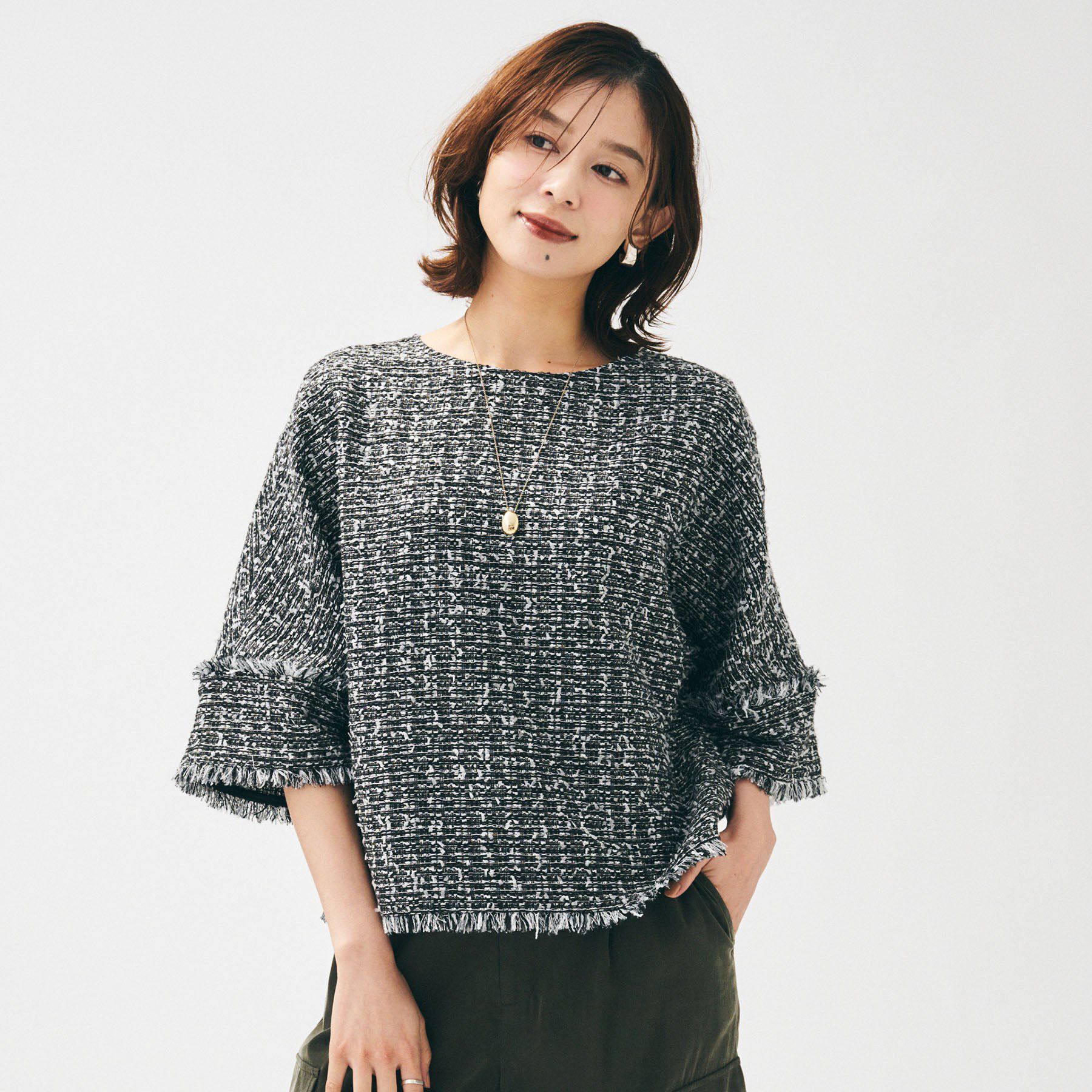 UNTITLED「【きれいめ／体型カバー】ツイードドルマントップス」|シャツ・ブラウス|ブラック(419)