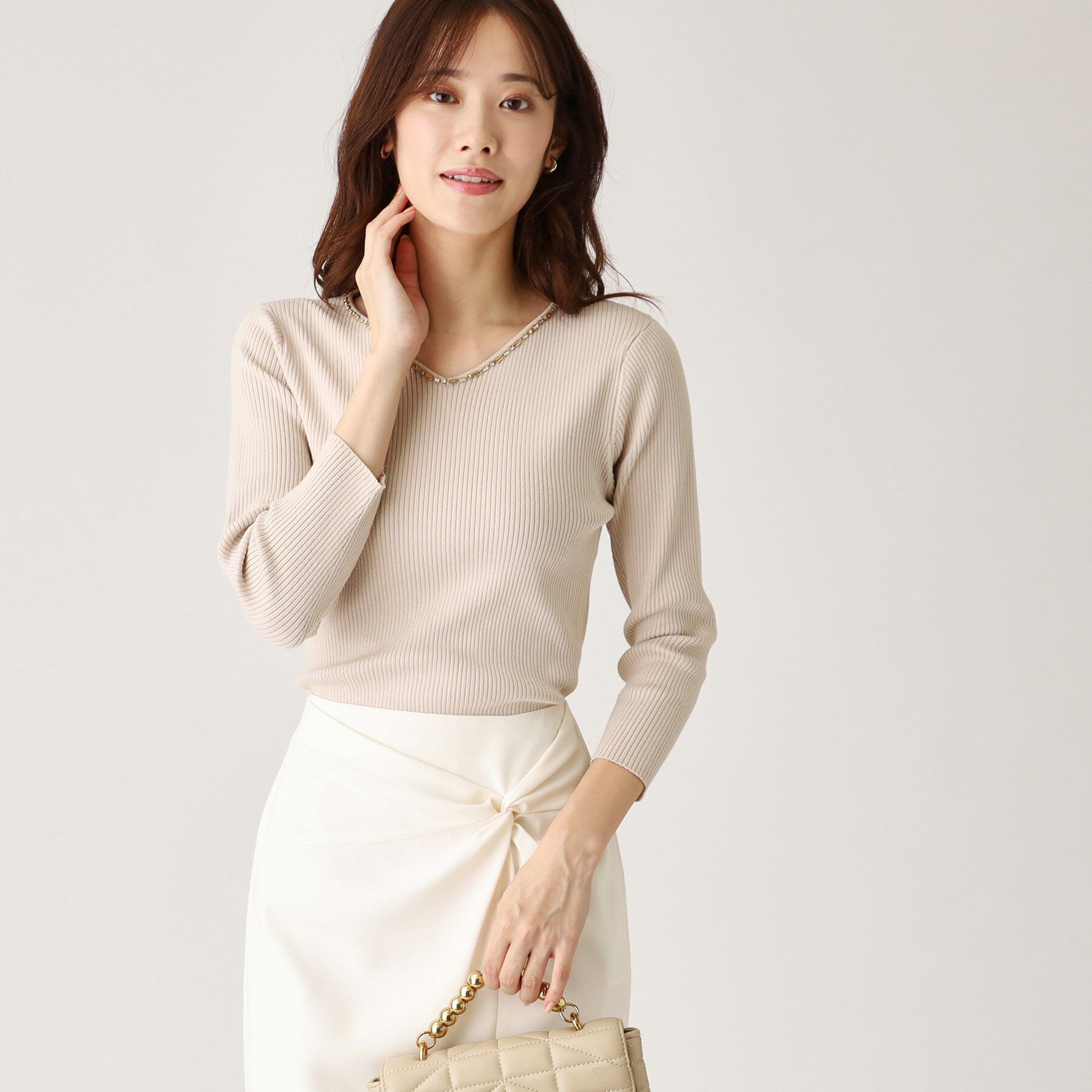 COUP DE CHANCE「【洗える】ビジューリブニットトップス」|ニット・セーター|ライトベージュ(05