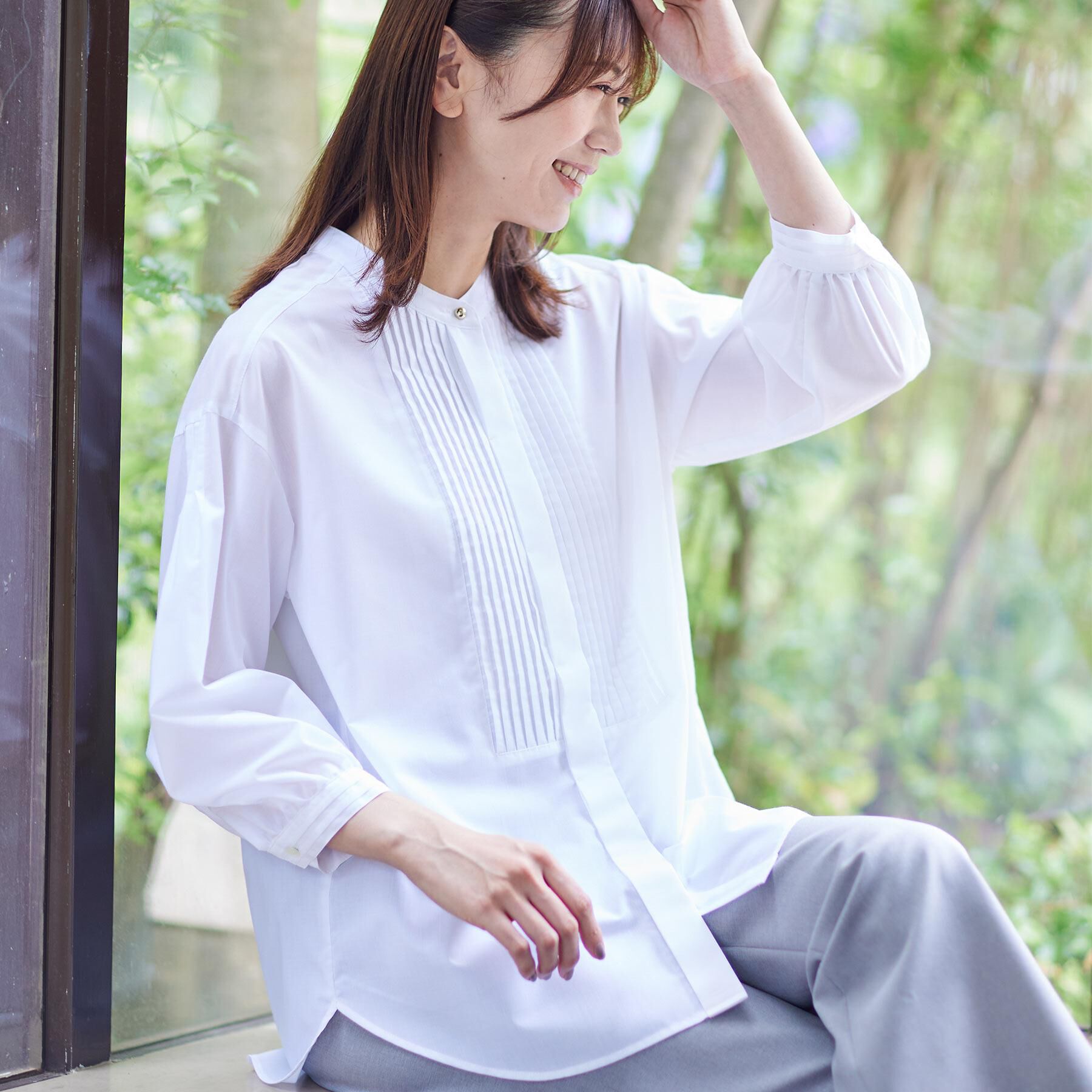 Reflect「【程よいゆとり感／体型カバー】ピンタックデザインシャンブレーブラウス」|シャツ・ブラウス|