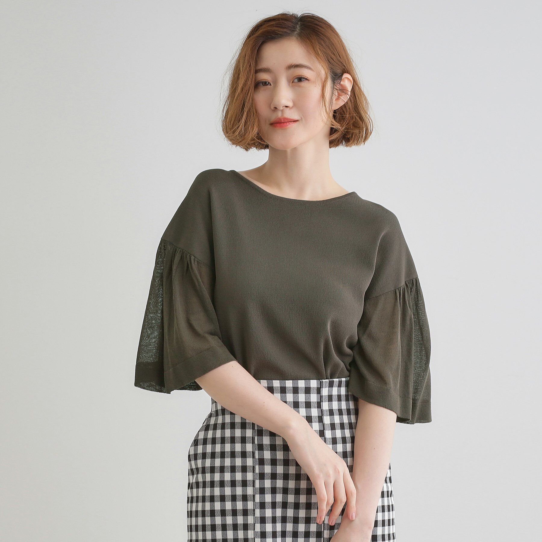 grove「【嬉しい機能付き】やわらかドライタッチシアーフレアスリーブニット」|ニット・セーター|