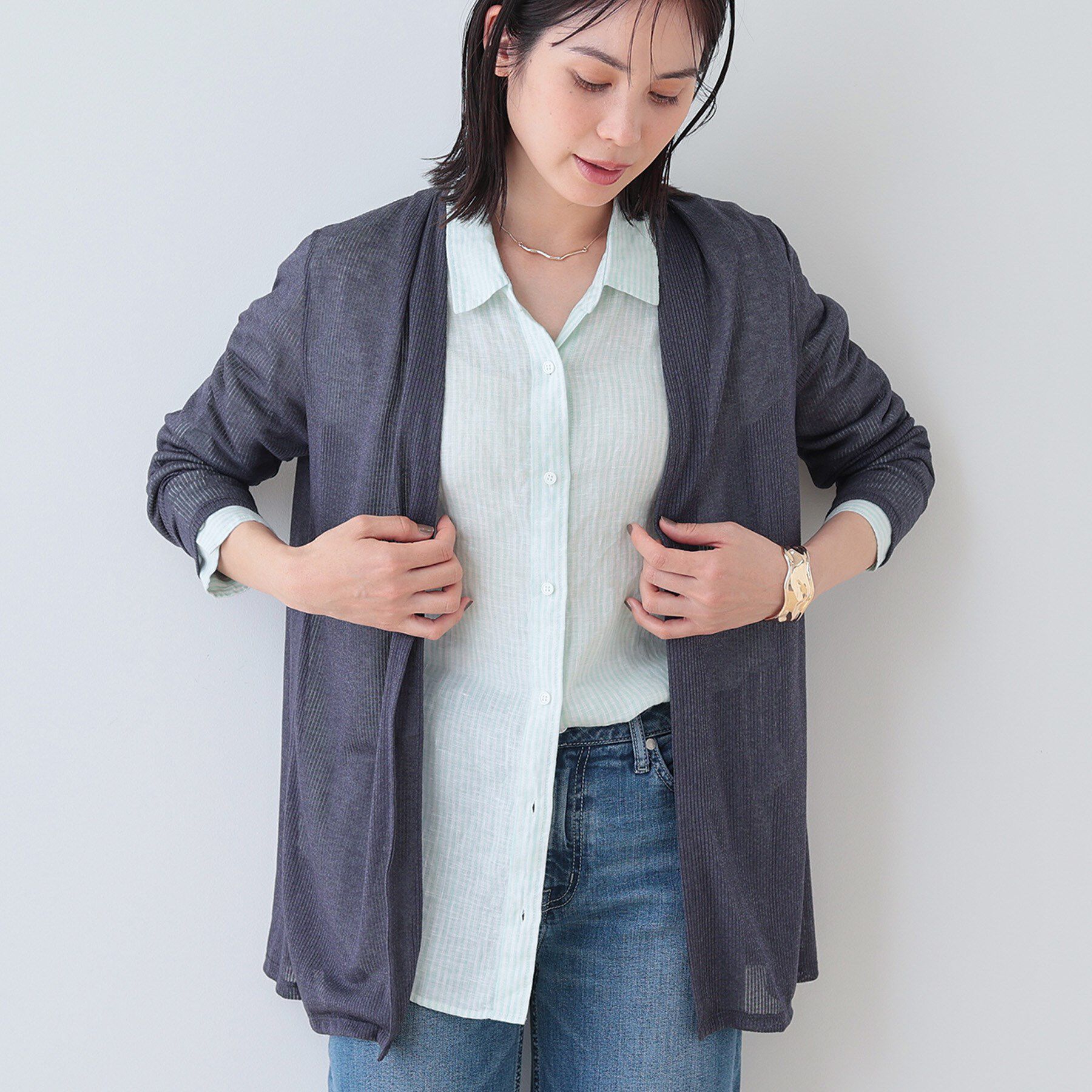 INDIVI「【洗える／シアーストライプ柄】着流しジャージカーディガン」|カーディガン|チャコールグレー(4