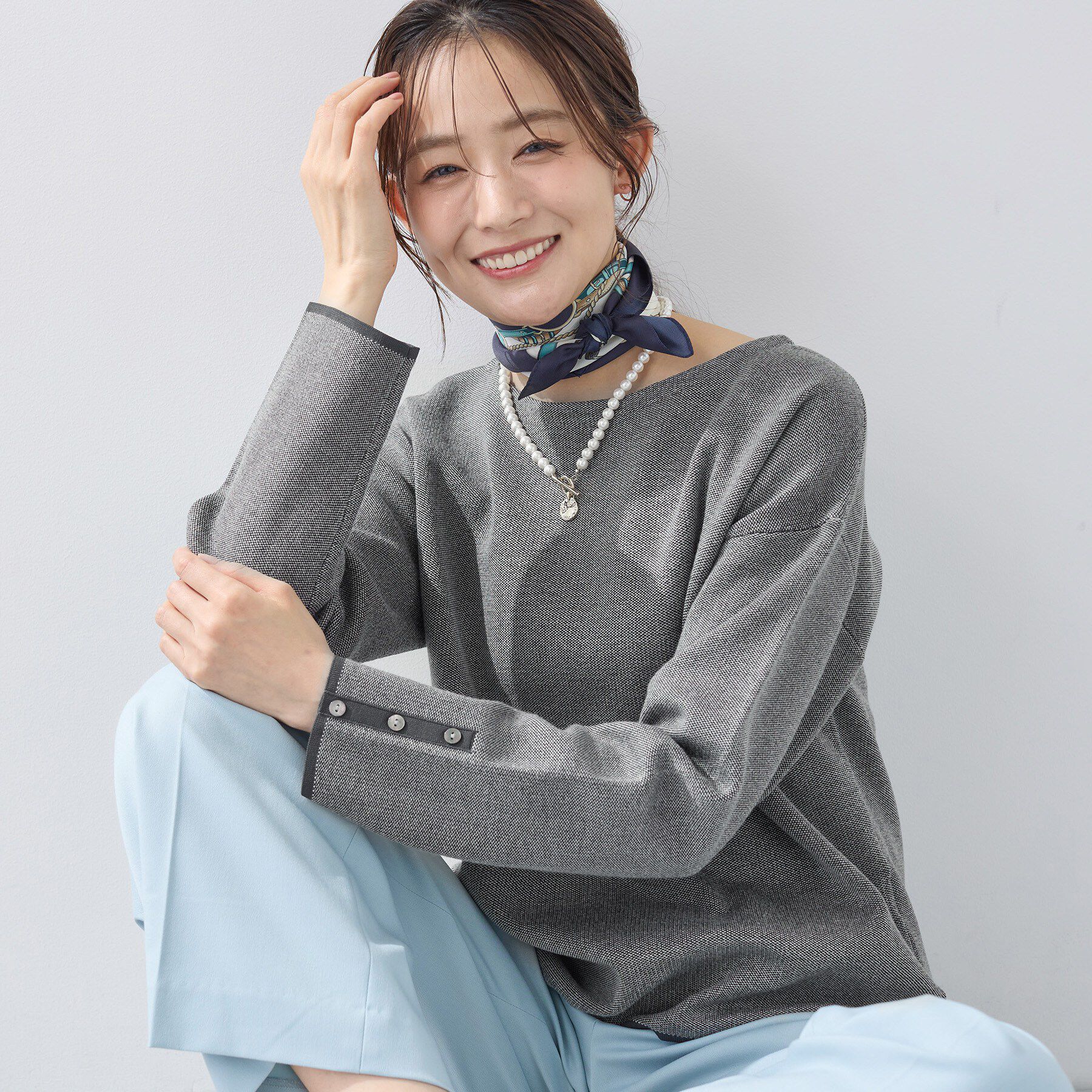 INDIVI「【洗える／SETUP可能】ジャカードボートネックニット」|ニット・セーター|グレー(412)