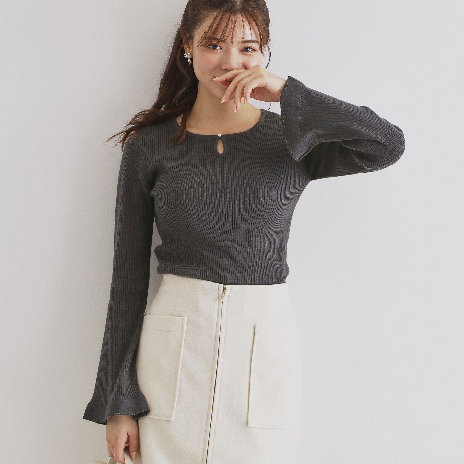 index「フロントパール袖フリルリブニット【洗濯機洗い可】」|ニット・セーター|