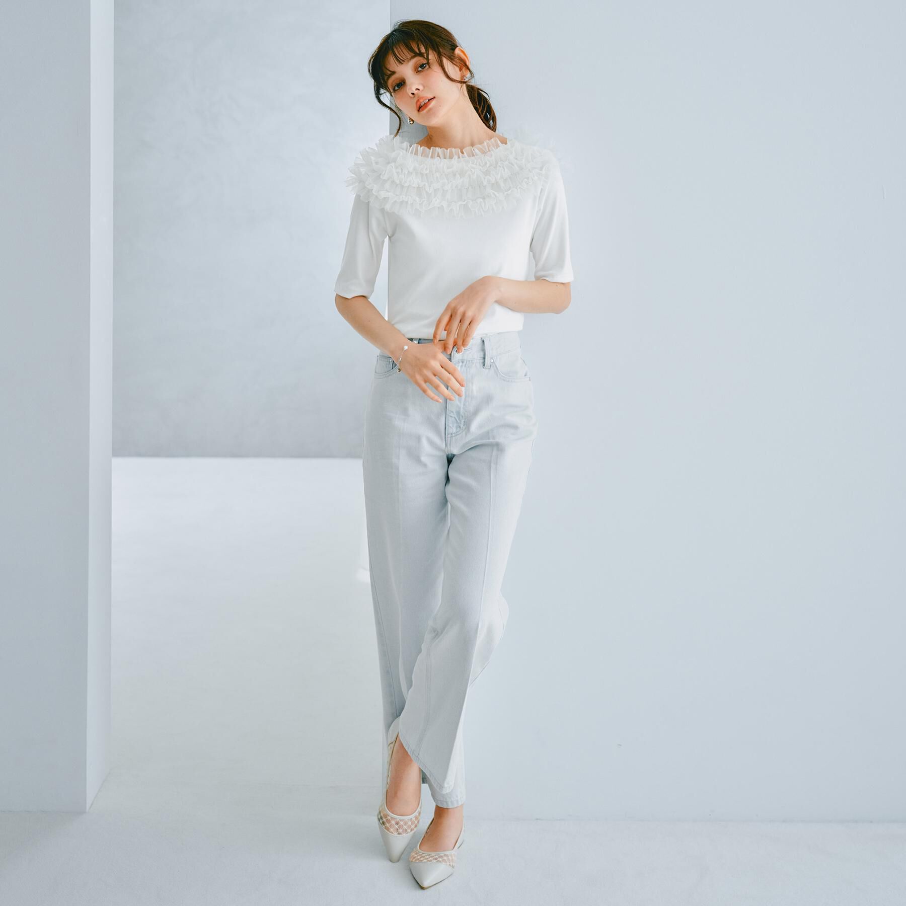 index「《美人百花掲載》チュールフリルリブトップス【洗濯機洗い可】」|Tシャツ・カットソー|