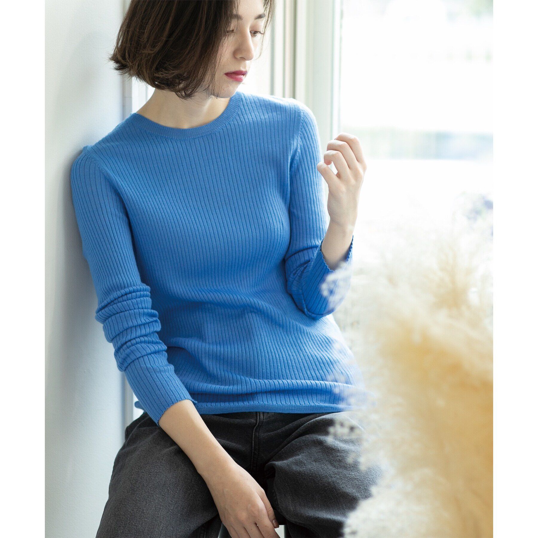 OPAQUE.CLIP「《5color》クルーネックシアーリブニット【洗濯機洗い可】」|ニット・セーター|ブルー(092)