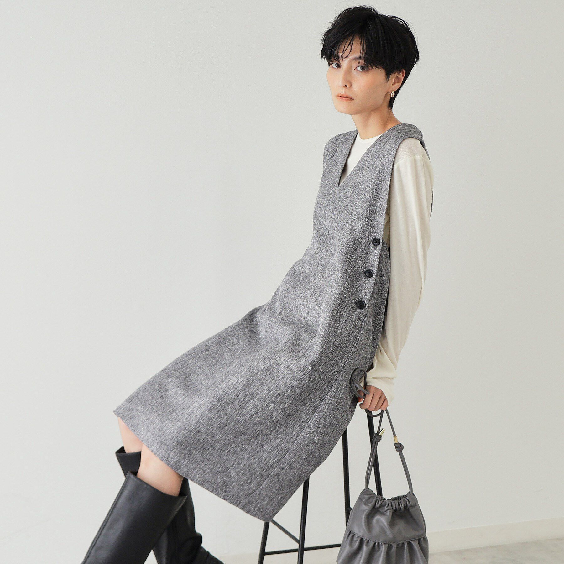 OPAQUE.CLIP「Vネックミニジャンスカ【洗濯機洗い可】」|ワンピース|グレー(412)