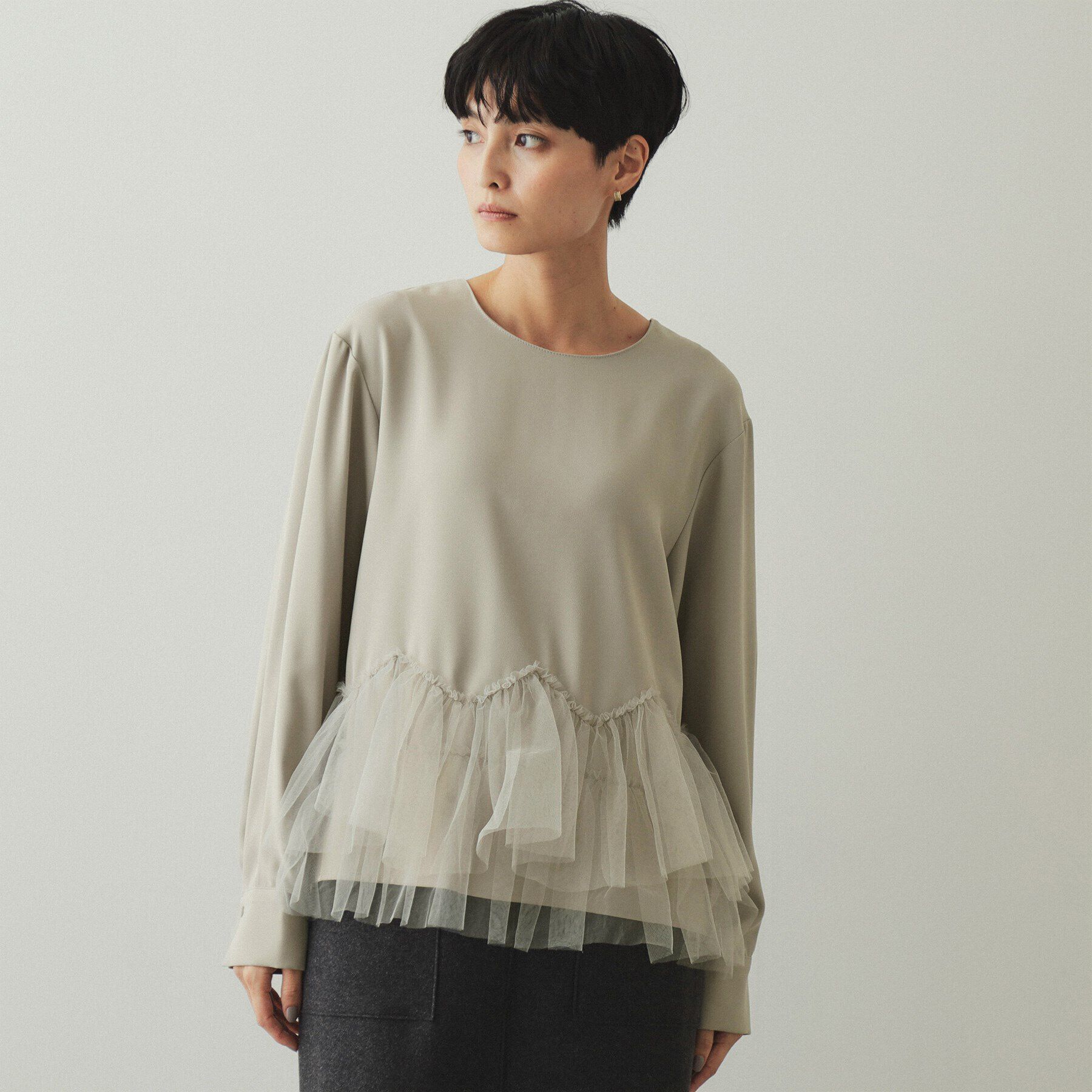OPAQUE.CLIP「チュールドッキング ペプラムブラウス【洗濯機洗い可】」|シャツ・ブラウス|
