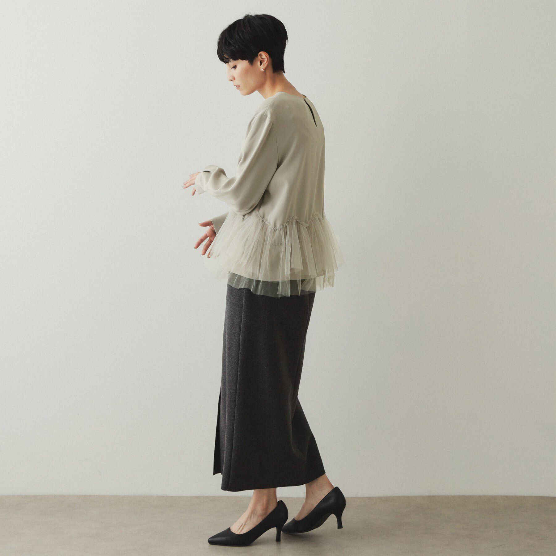 OPAQUE.CLIP「チュールドッキング ペプラムブラウス【洗濯機洗い可】」|シャツ・ブラウス|