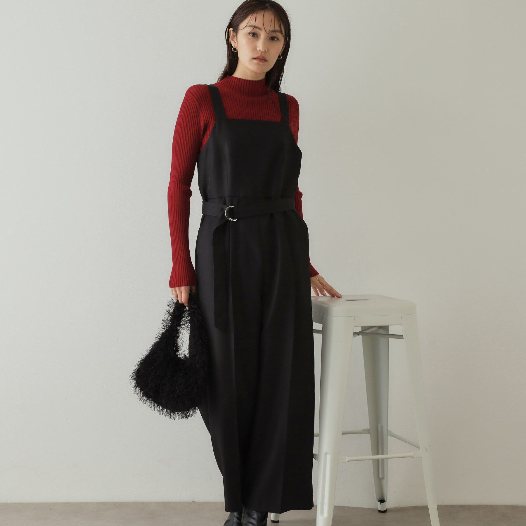 OPAQUE.CLIP「ウールライク ベルト付サロペット【洗濯機洗い可】」|オールインワン|ブラック(019)