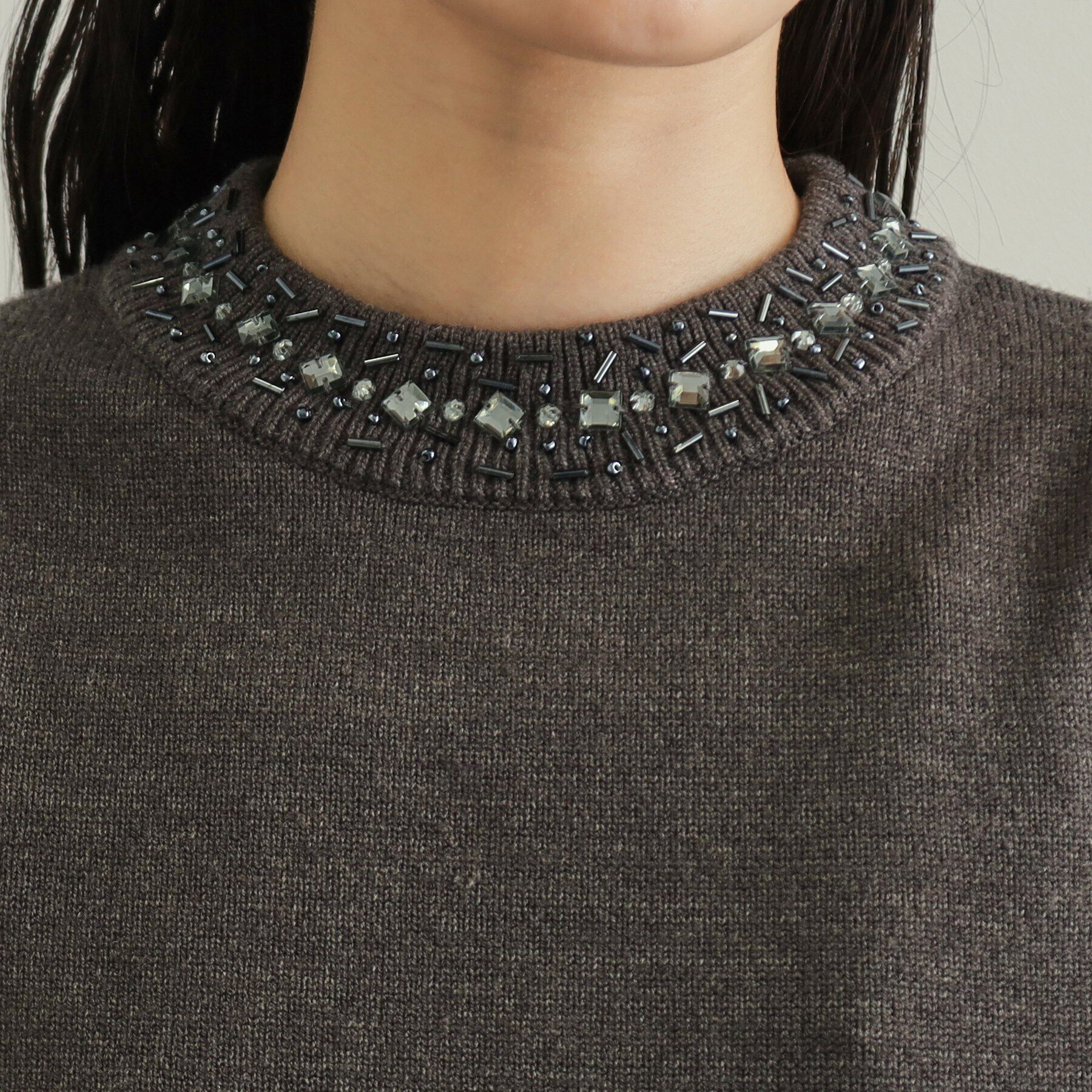 OPAQUE.CLIP「《美人百花掲載》ビジューネックパフスリーブニット【洗える】」|ニット・セーター|