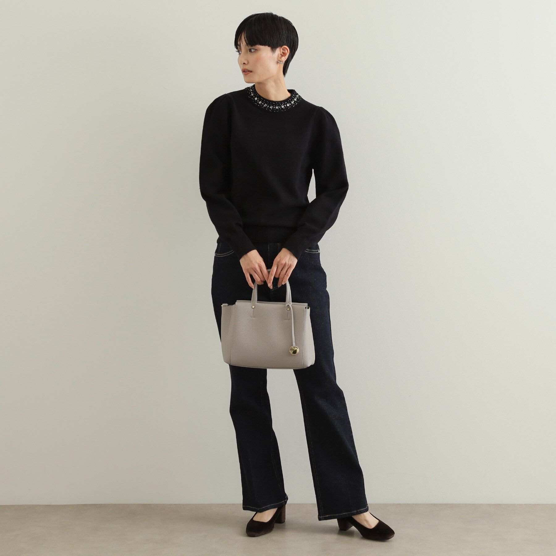 OPAQUE.CLIP「《美人百花掲載》ビジューネックパフスリーブニット【洗える】」|ニット・セーター|