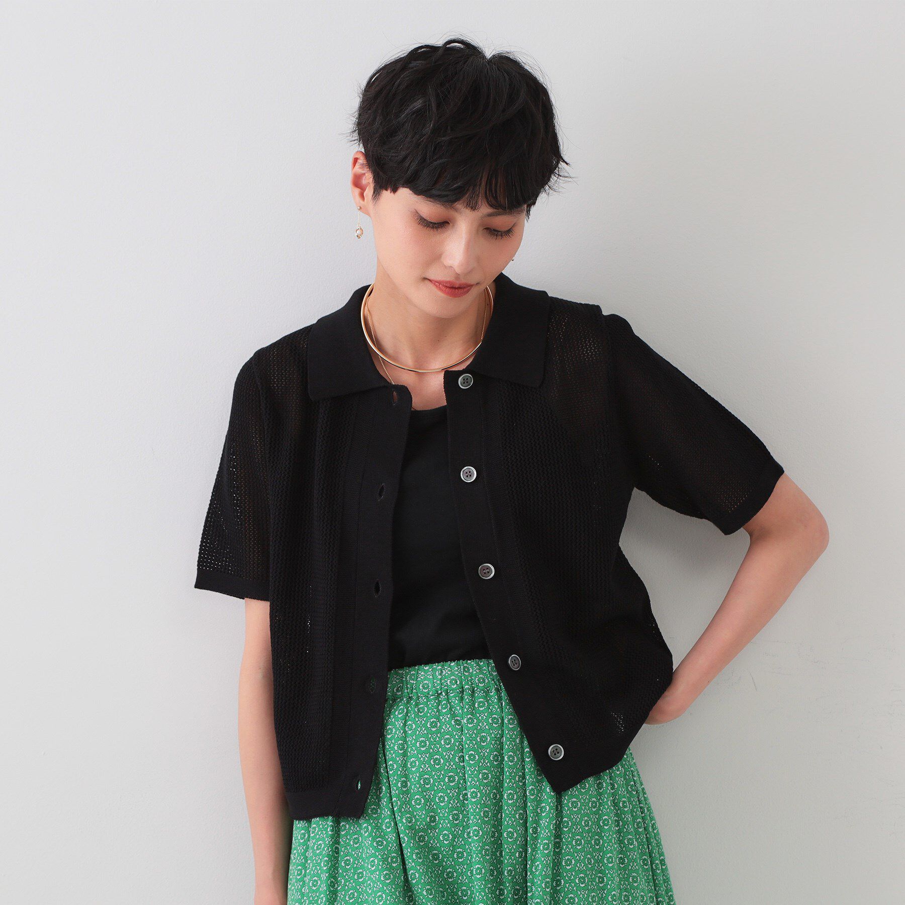 OPAQUE.CLIP「《CLASSY掲載》透かし編みポロニット【洗濯機洗い可】」|ニット・セーター|