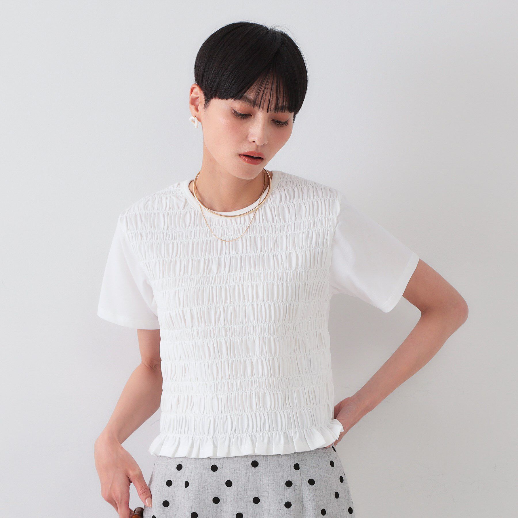 OPAQUE.CLIP「シャーリングショートTシャツ【洗濯機洗い可】」|Tシャツ・カットソー|