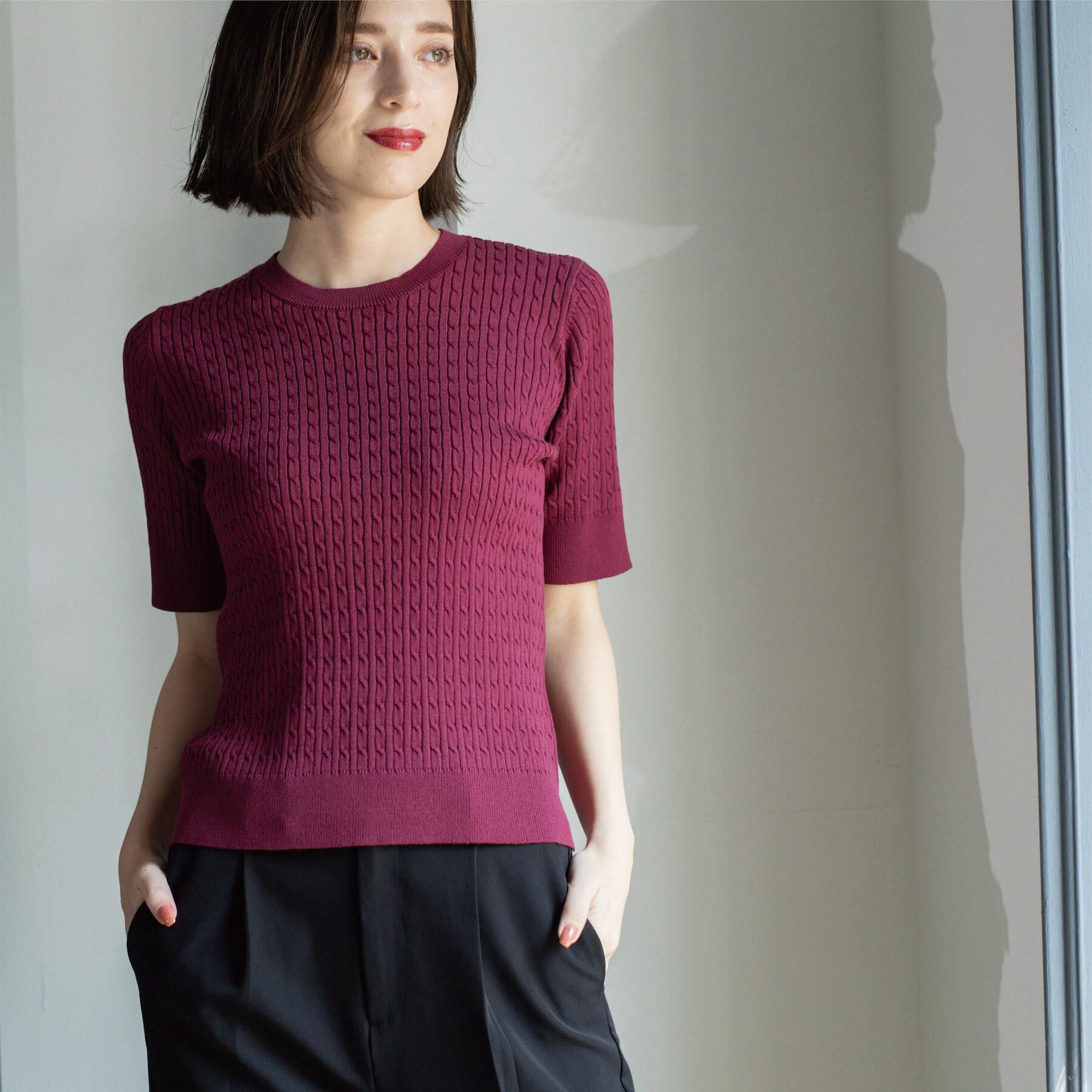 OPAQUE.CLIP「ケーブルハーフスリーブニット【UVケア/洗濯機OK】《6col/S～LL》」|ニット・セーター|