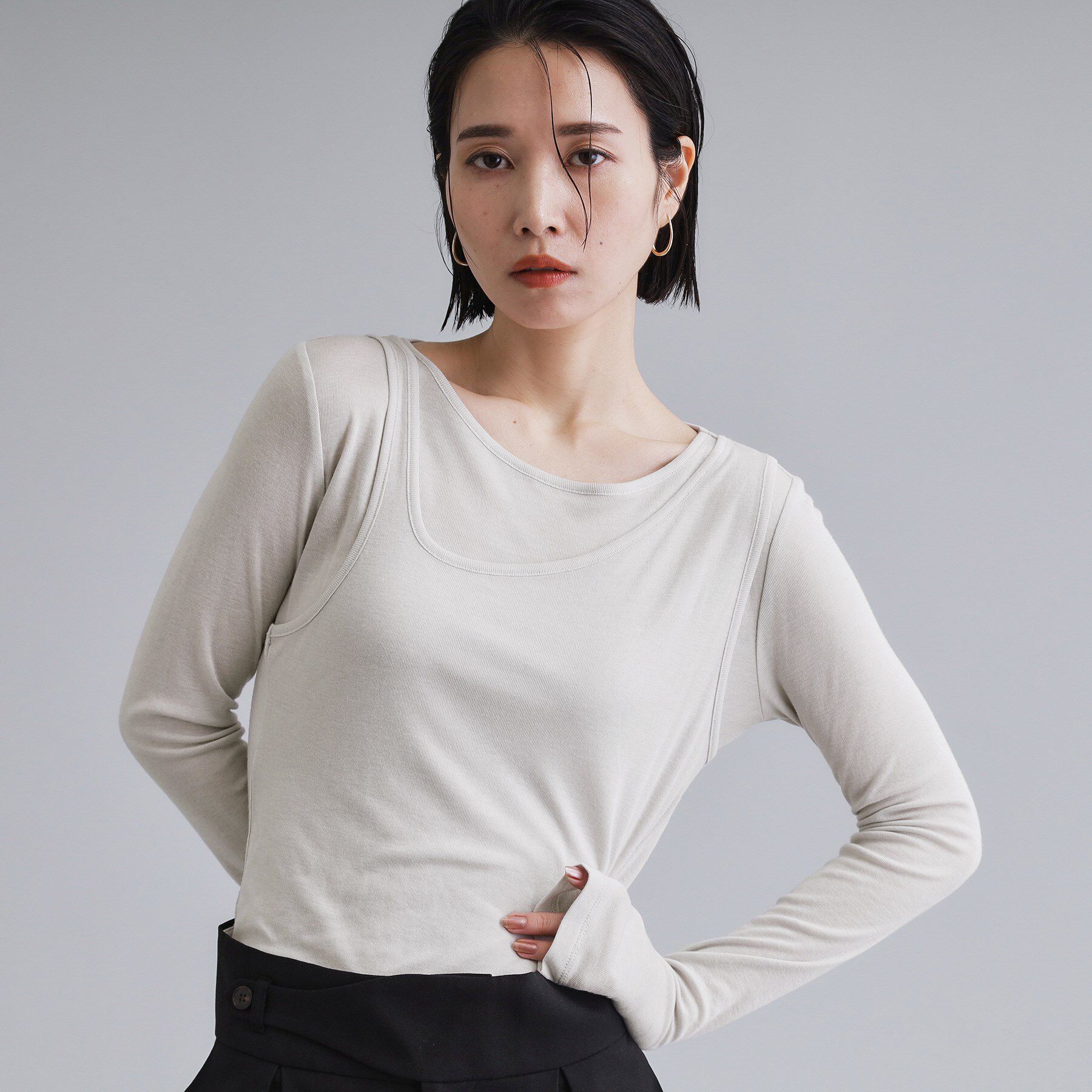 OPAQUE.CLIP「【es】シアーリブアシメレイヤードカットソー」|Tシャツ・カットソー|ライトグレー(011