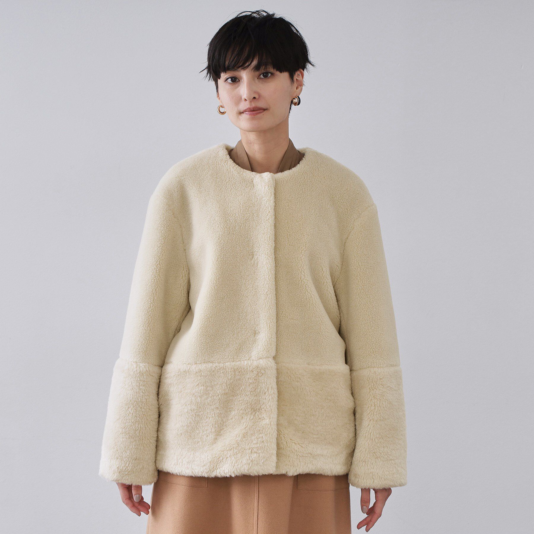 OPAQUE.CLIP「フェイクボア切替ショートコート」|ノーカラーコート|