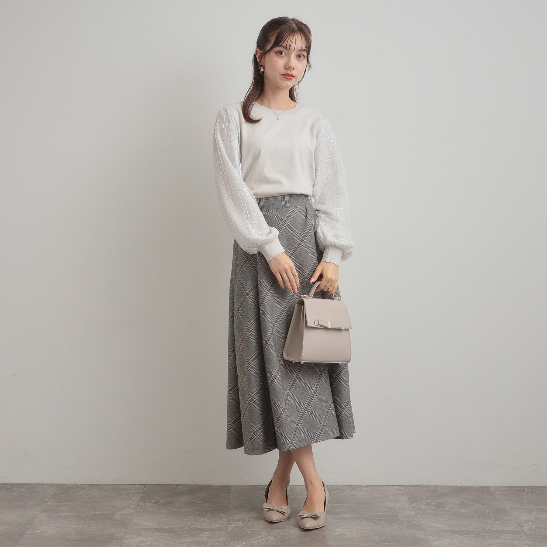 Couture broach「【フェミニン・着映え】袖チェックチュール ドッキングニット」|ニット・セーター|