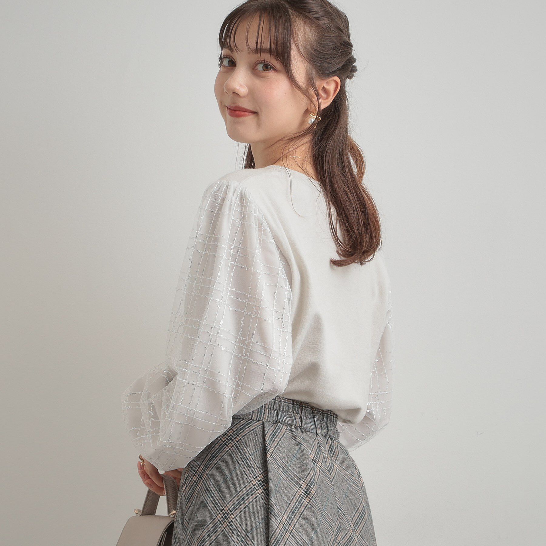 Couture broach「【フェミニン・着映え】袖チェックチュール ドッキングニット」|ニット・セーター|