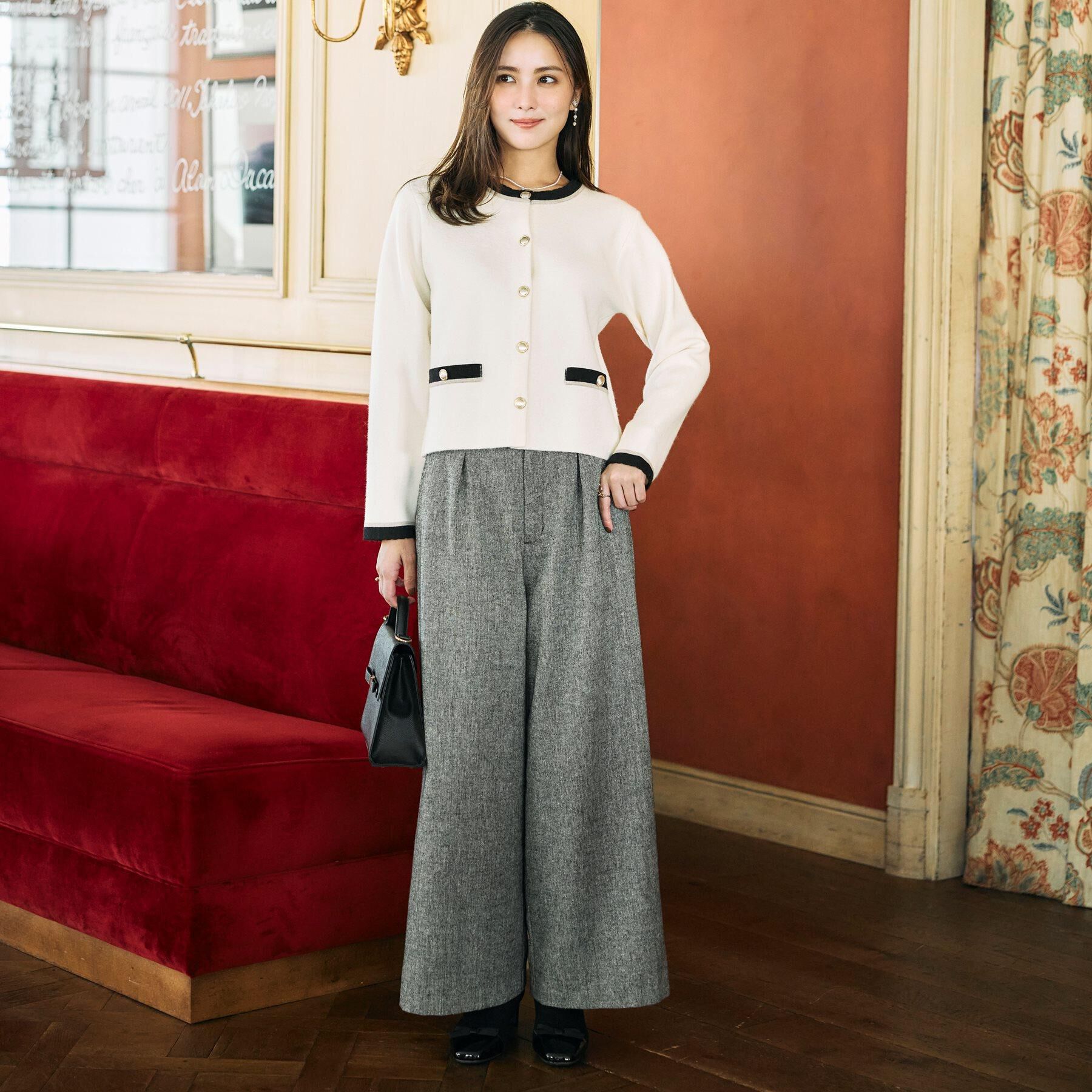 Couture broach「【通勤・大人上品】ムースタッチジャカード 配色スカラカーディ」|カーディガン|