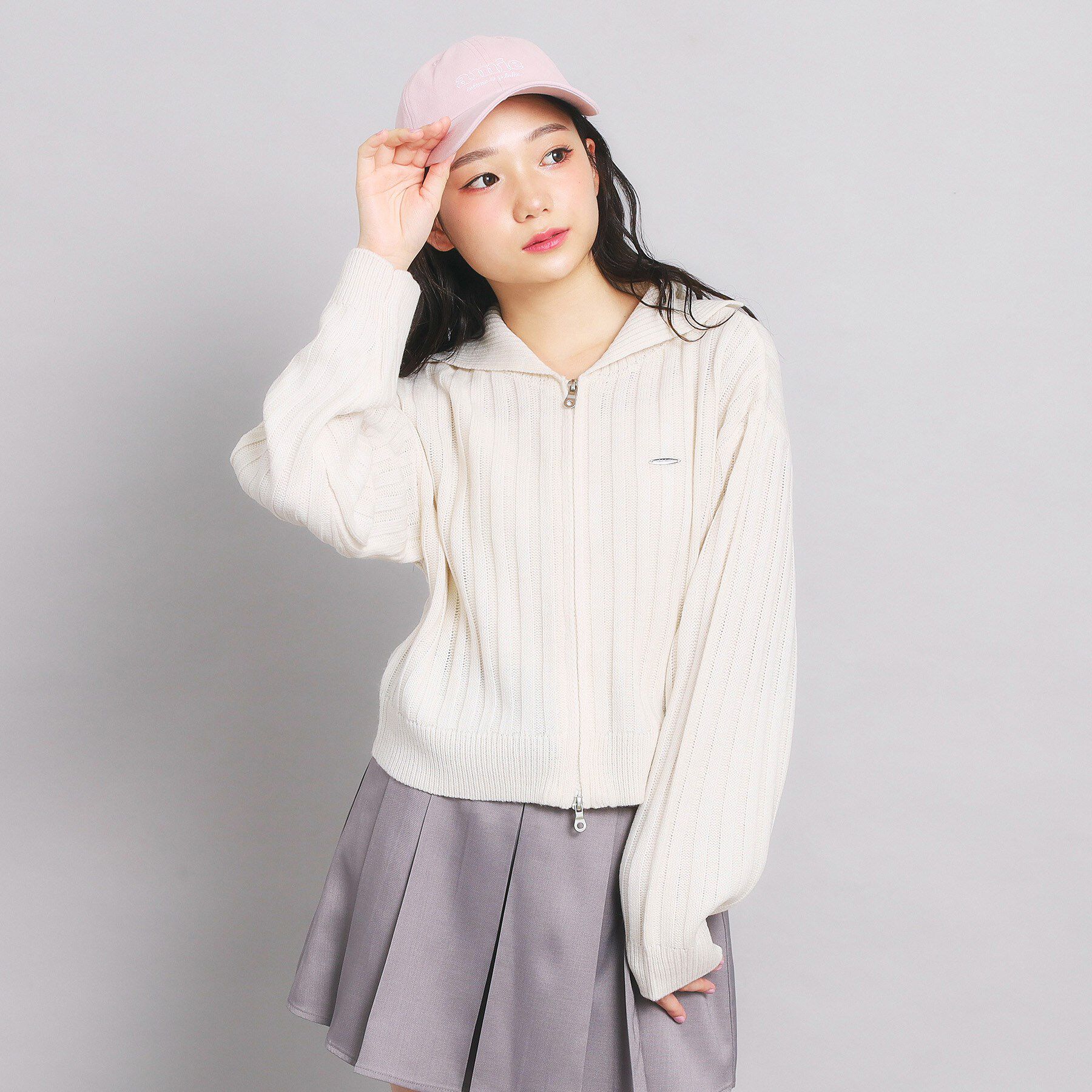 PINK-latte「ダブルジップビッグカラーニット」|カーディガン|アイボリー(004)