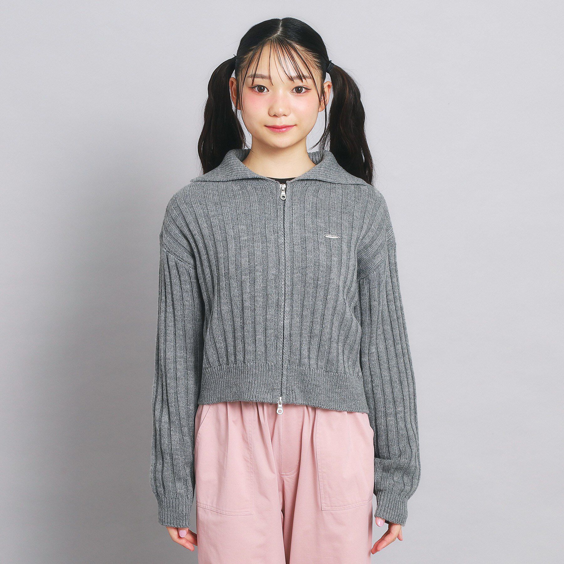 PINK-latte「ダブルジップビッグカラーニット」|カーディガン|