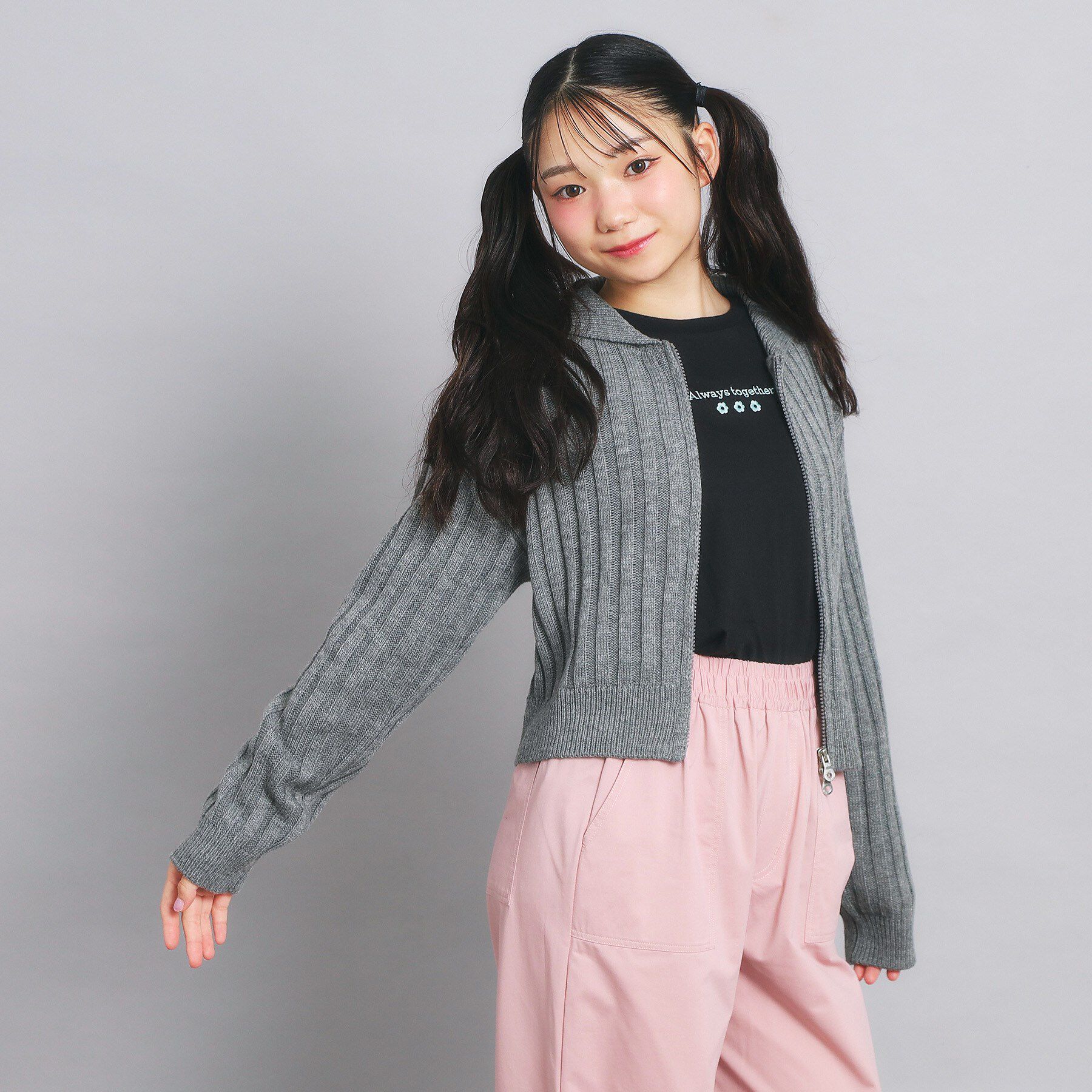 PINK-latte「ダブルジップビッグカラーニット」|カーディガン|