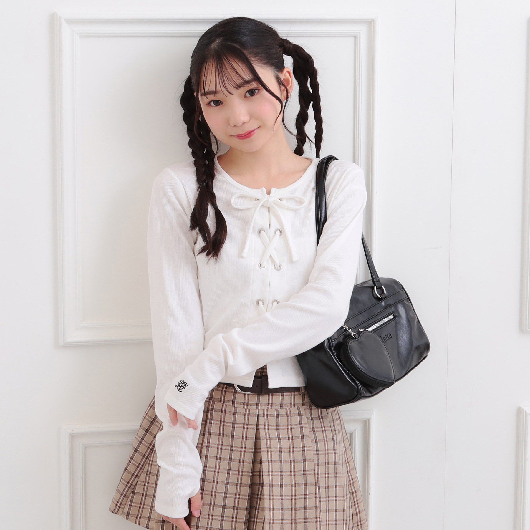 PINK-latte「レースアップテレコプルオーバー」|Tシャツ・カットソー|オフホワイト(003