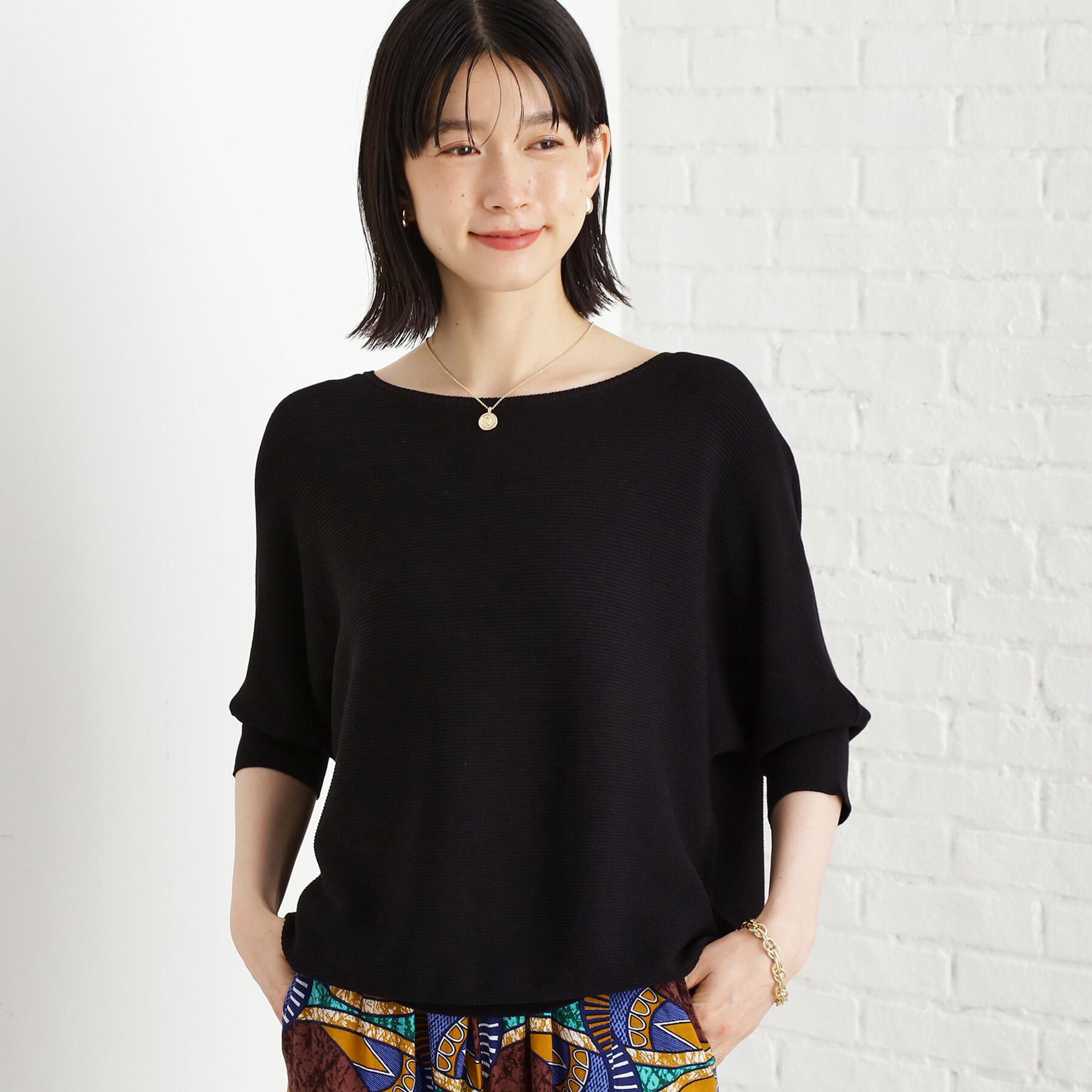 THE SHOP TK「6分袖ガータードルマンニット【エコベロ/洗濯機OK】」|ニット・セーター|ブラック(019)