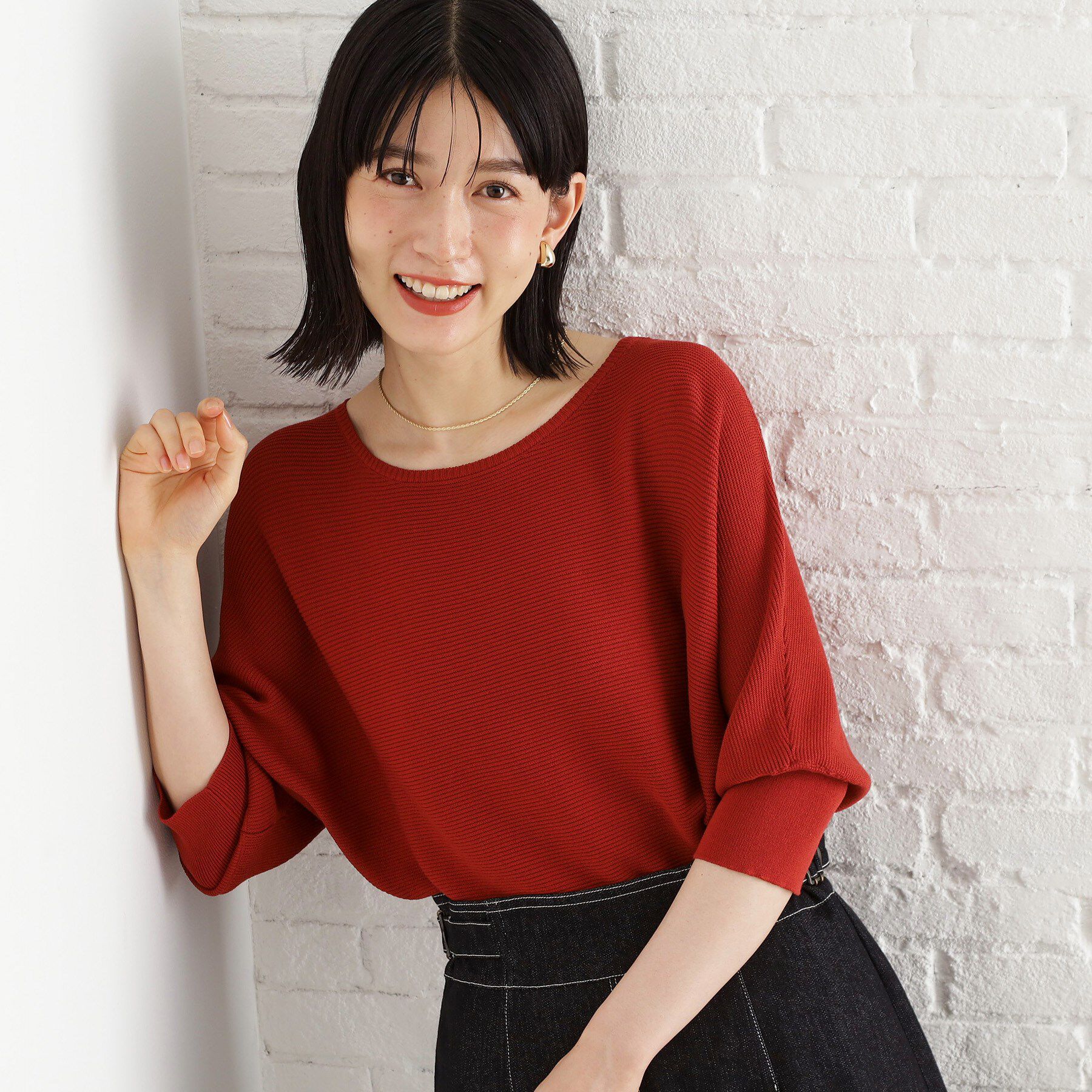 THE SHOP TK「6分袖ガータードルマンニット【エコベロ/洗濯機OK】」|ニット・セーター|オレンジ(069)