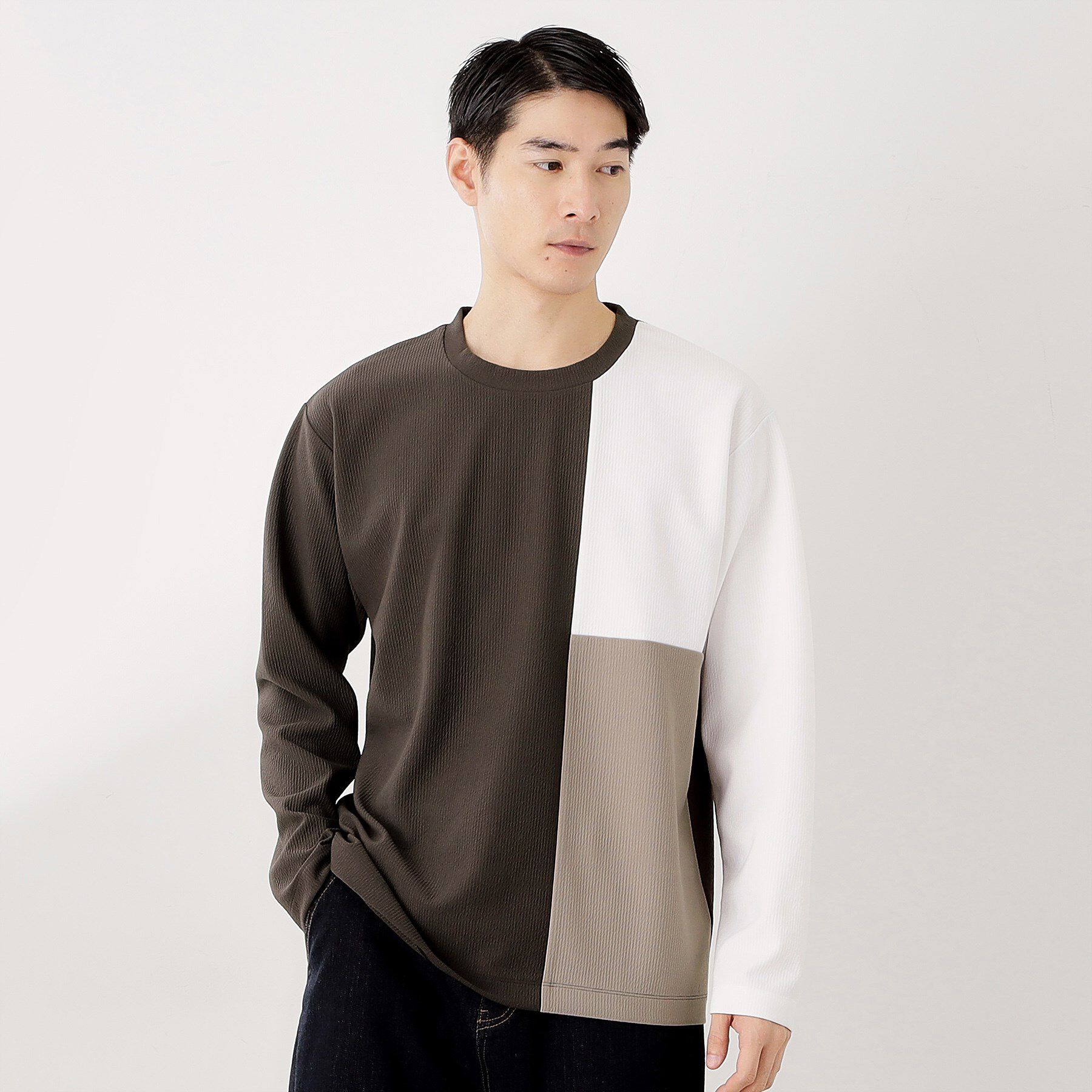 THE SHOP TK「【一枚で着映える】パネルブロッキング長袖Tシャツ 【洗濯機OK】」|Tシャツ・カットソー|ブラウン(543)