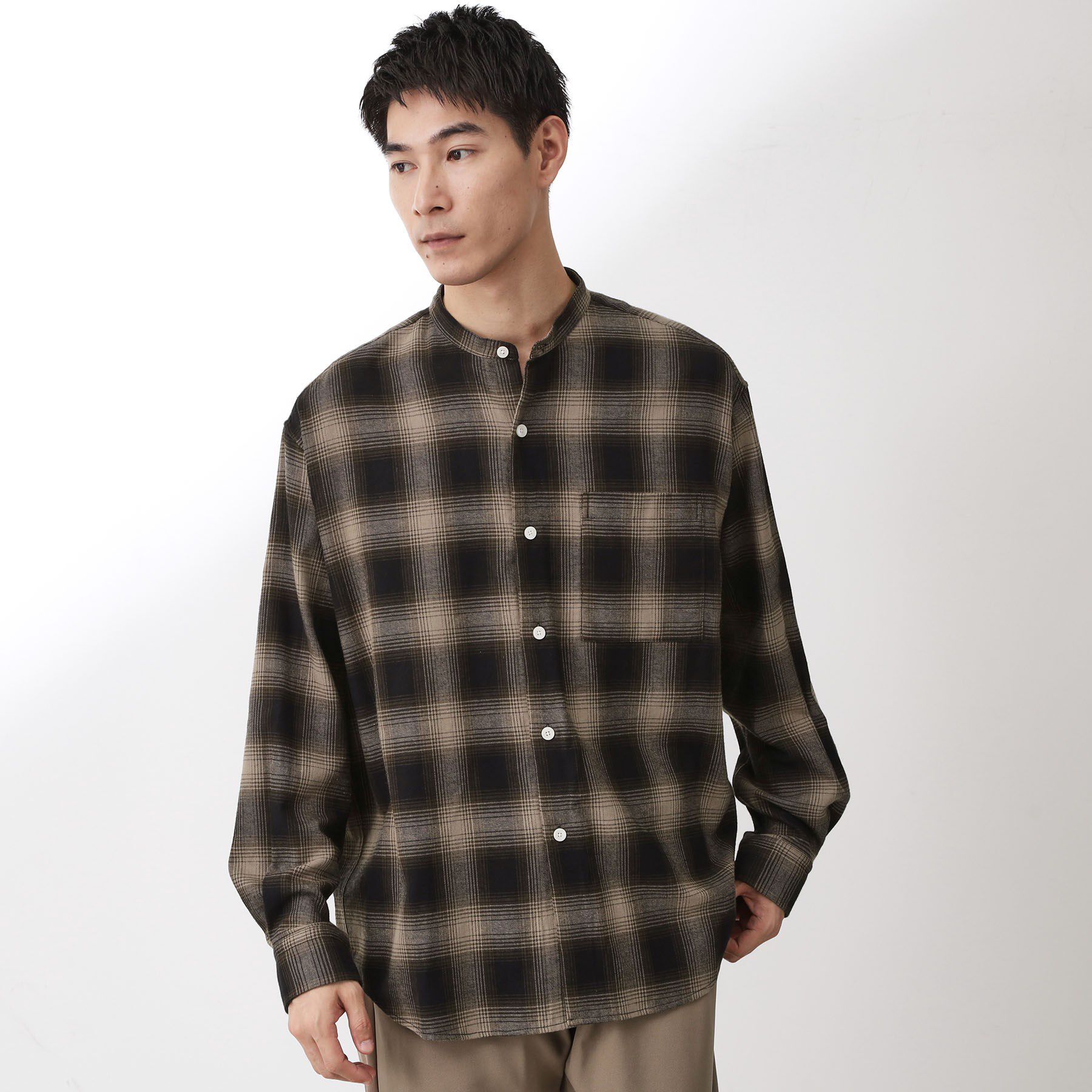 THE SHOP TK「オンブレーチェックバンドカラーシャツ 【洗濯機OK】」|シャツ・ブラウス|ブラウン(244)