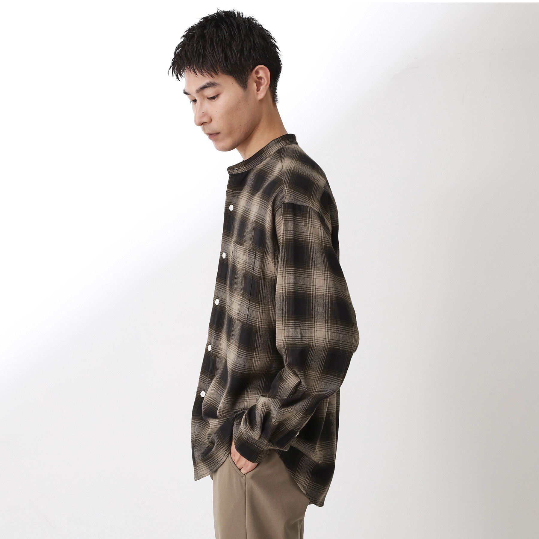 THE SHOP TK「オンブレーチェックバンドカラーシャツ 【洗濯機OK】」|シャツ・ブラウス|