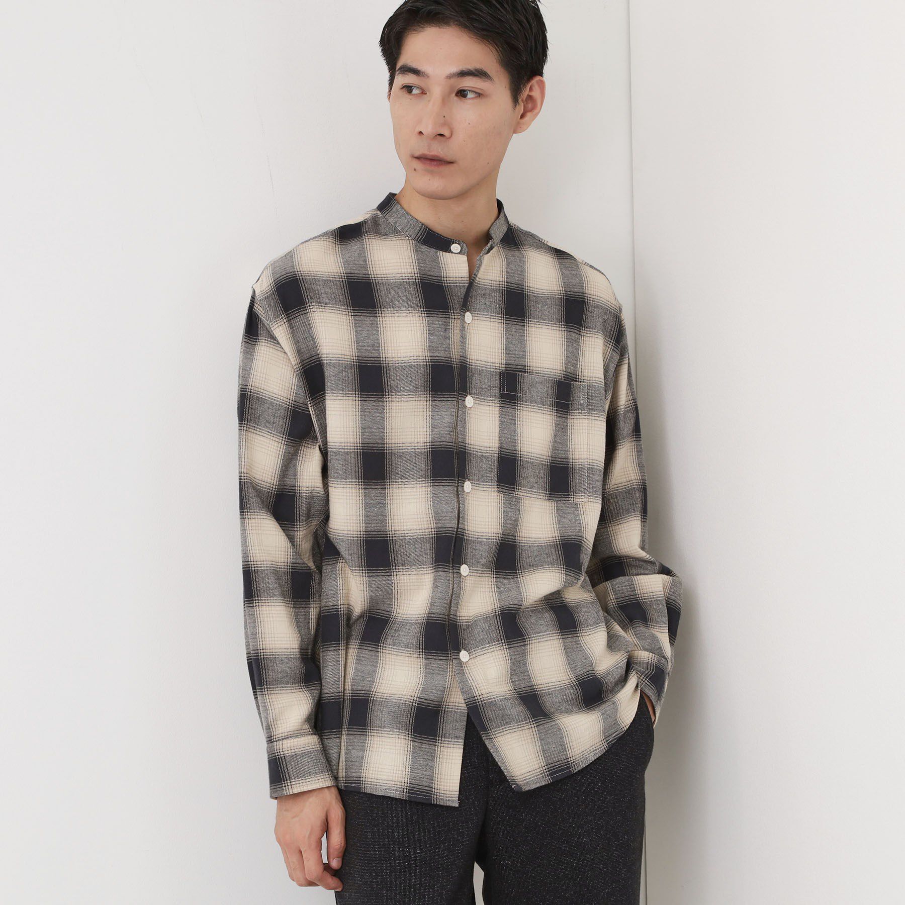 THE SHOP TK「オンブレーチェックバンドカラーシャツ 【洗濯機OK】」|シャツ・ブラウス|グレージュ(250)