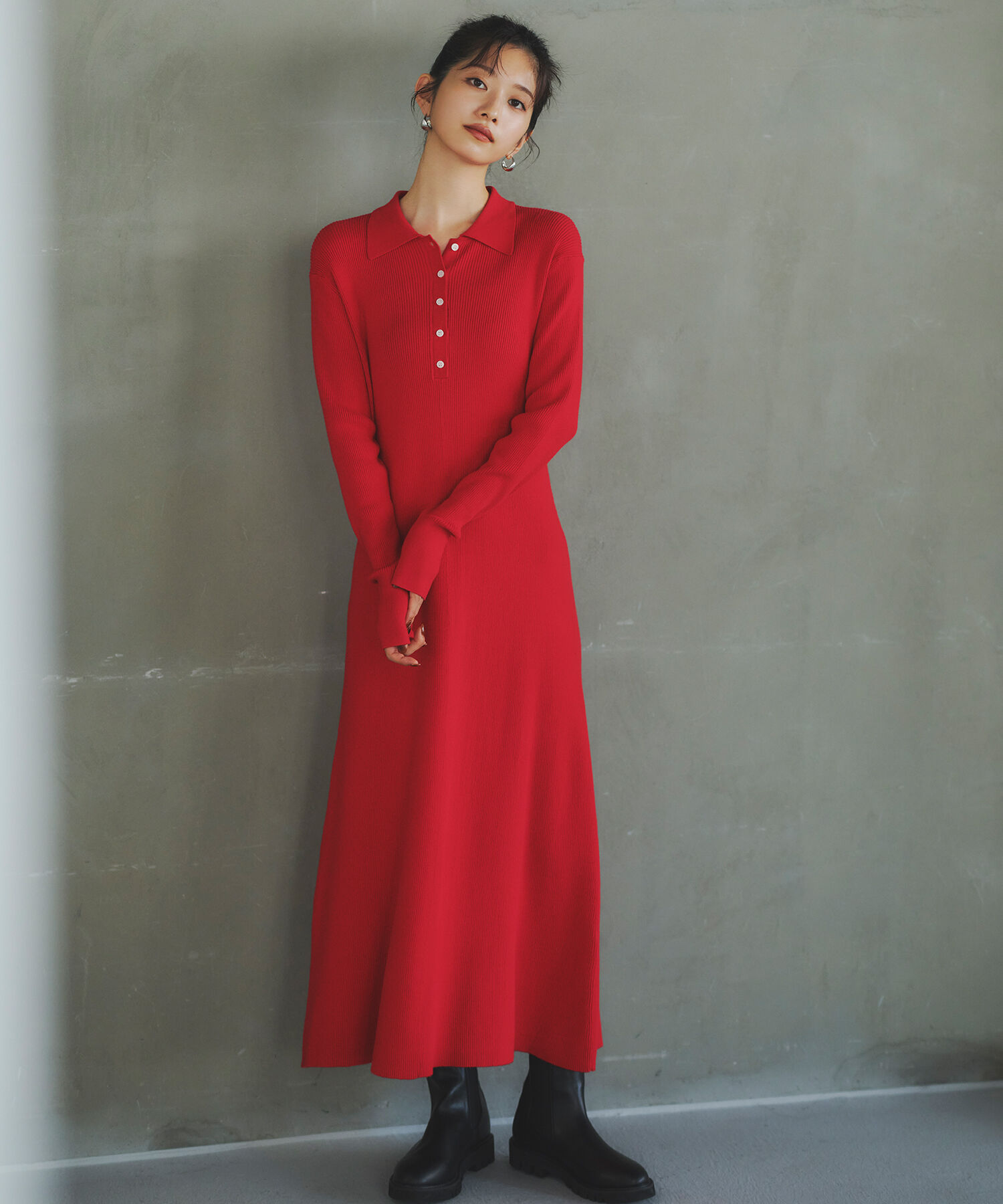  「襟付きニットワンピース」|スカート|レッド