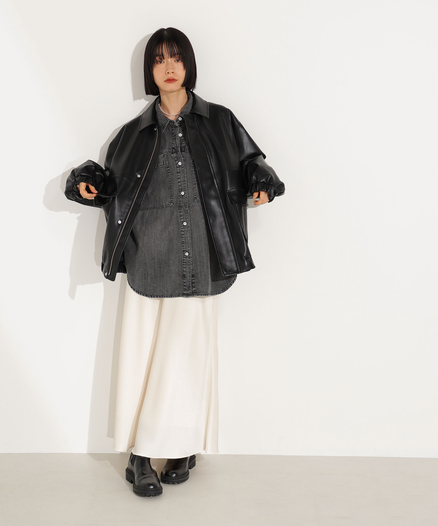  「フェイクレザーステンカラーブルゾン」|ブルゾン・スタジャン|