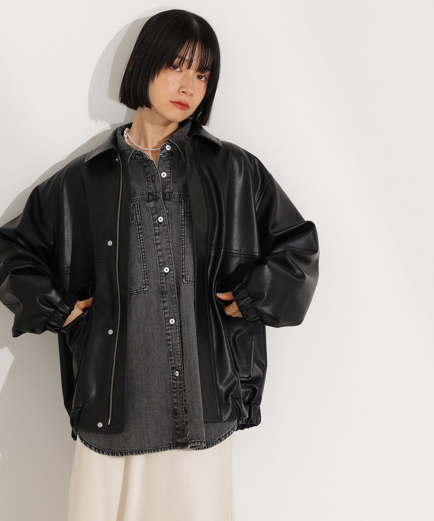  「フェイクレザーステンカラーブルゾン」|ブルゾン・スタジャン|