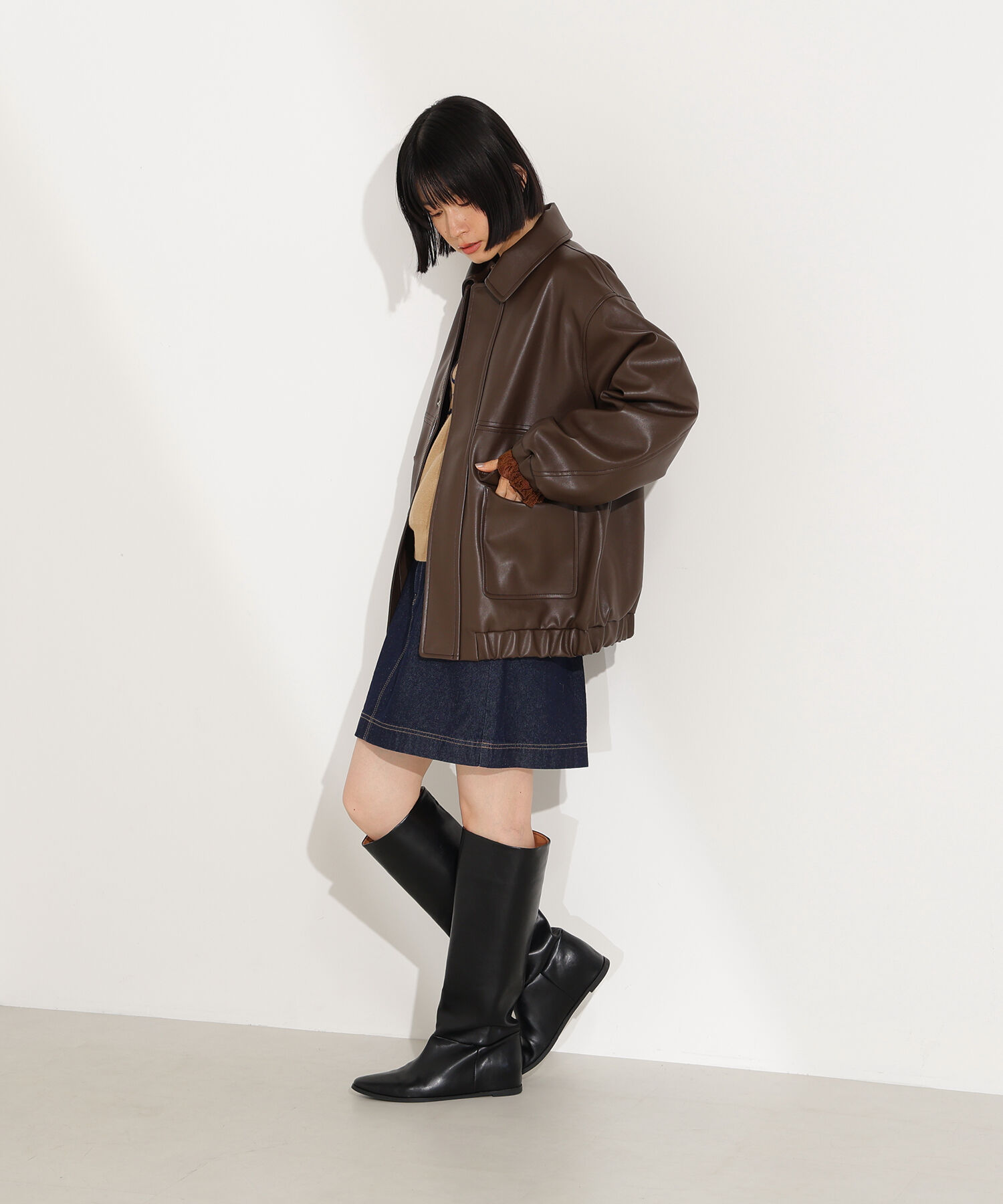  「フェイクレザーステンカラーブルゾン」|ブルゾン・スタジャン|