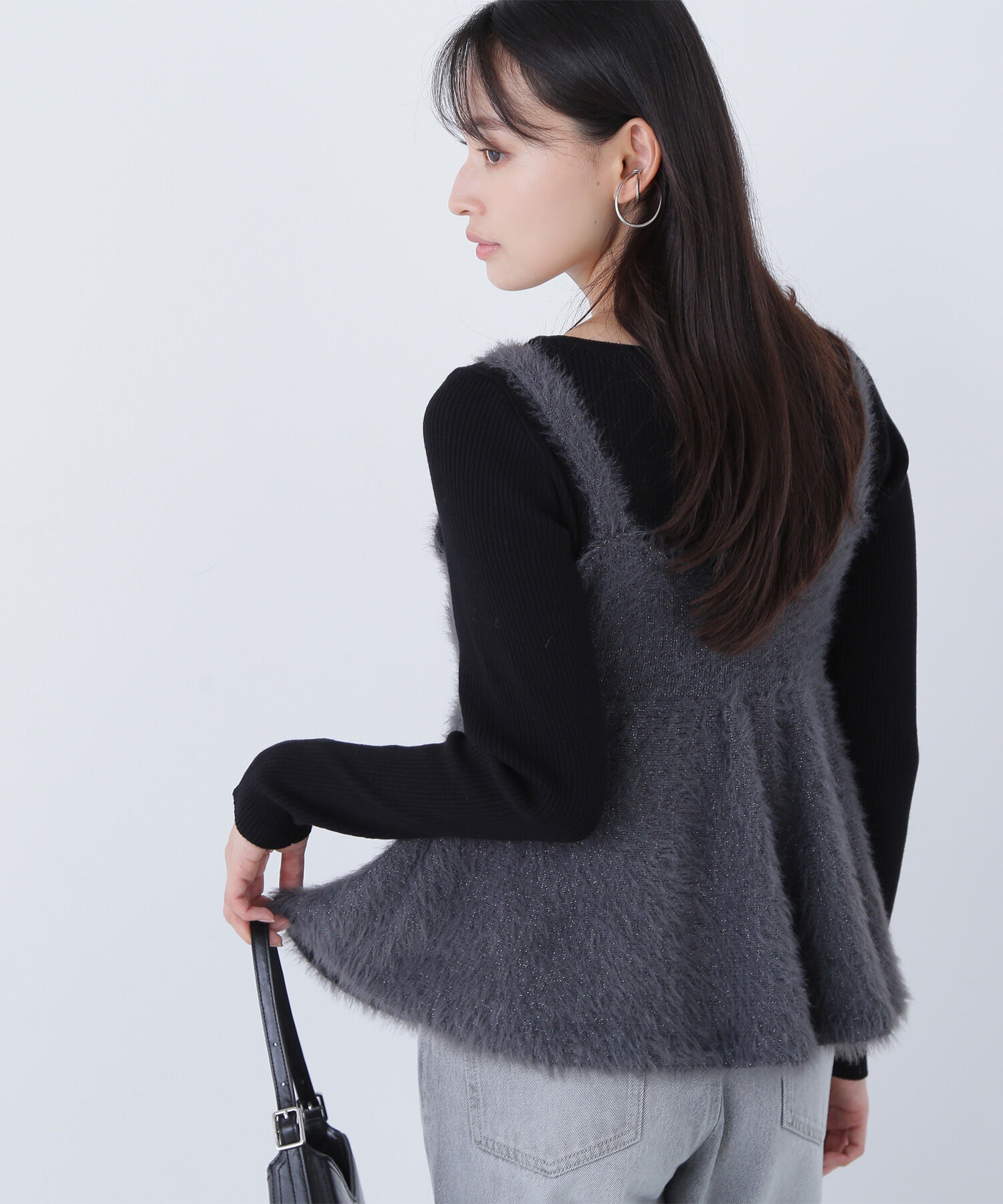  「ヘアリーペプラムキャミセットニット」|ニット・セーター|ブラック&times;チ  2