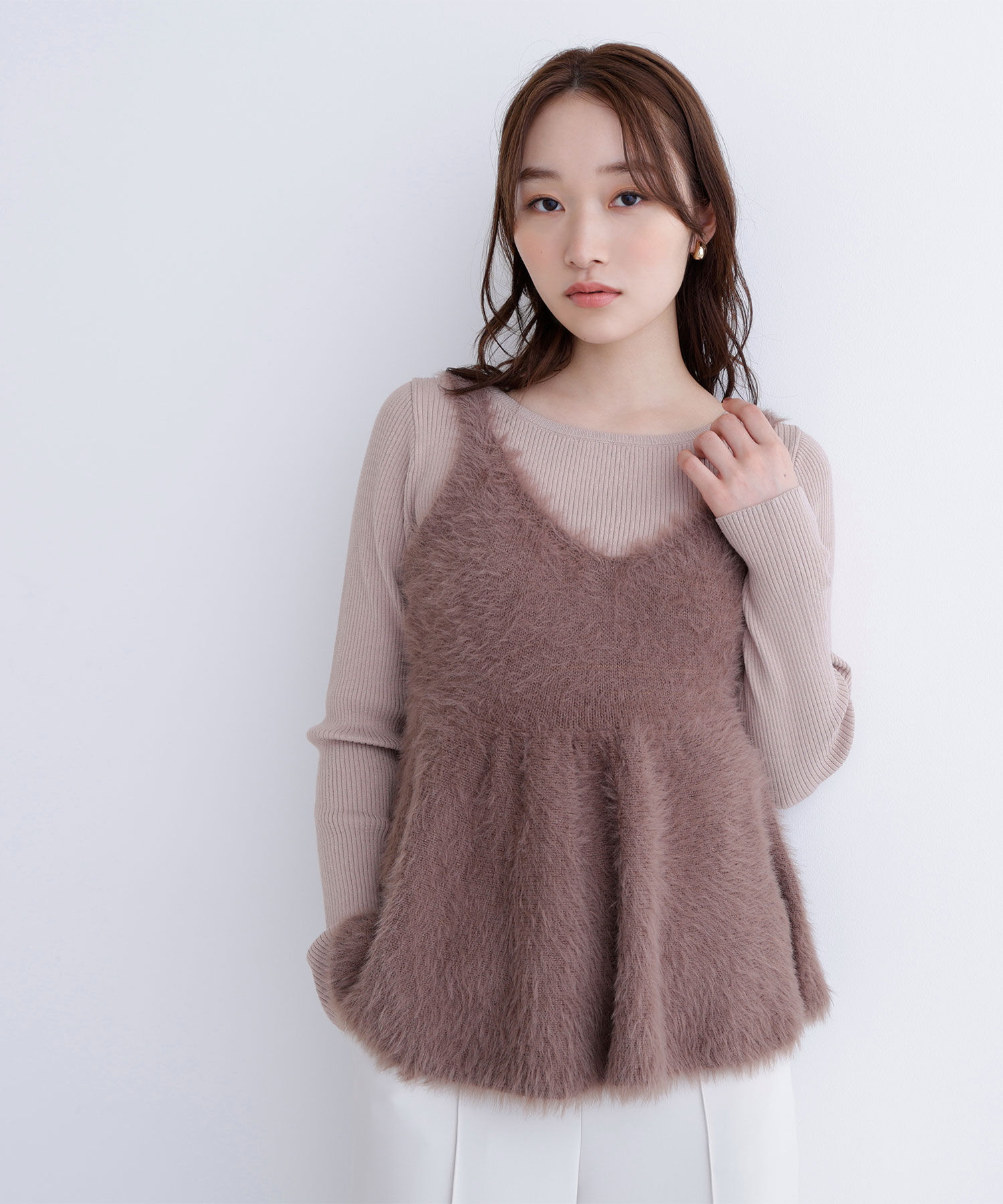  「ヘアリーペプラムキャミセットニット」|ニット・セーター|ベージュ&times;モ  2