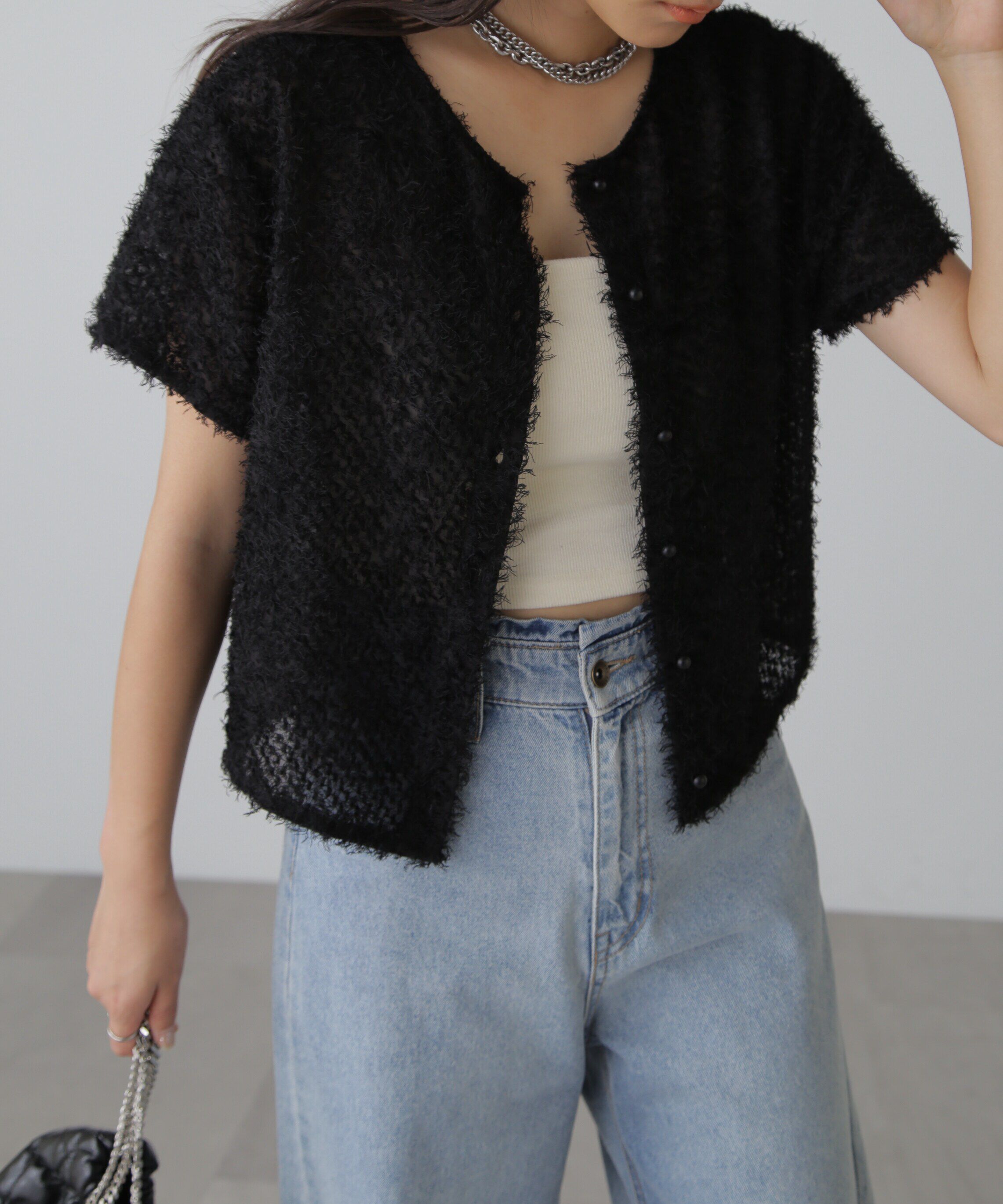  「フロントボタンカットジャガードブラウス」|シャツ・ブラウス|ブラック