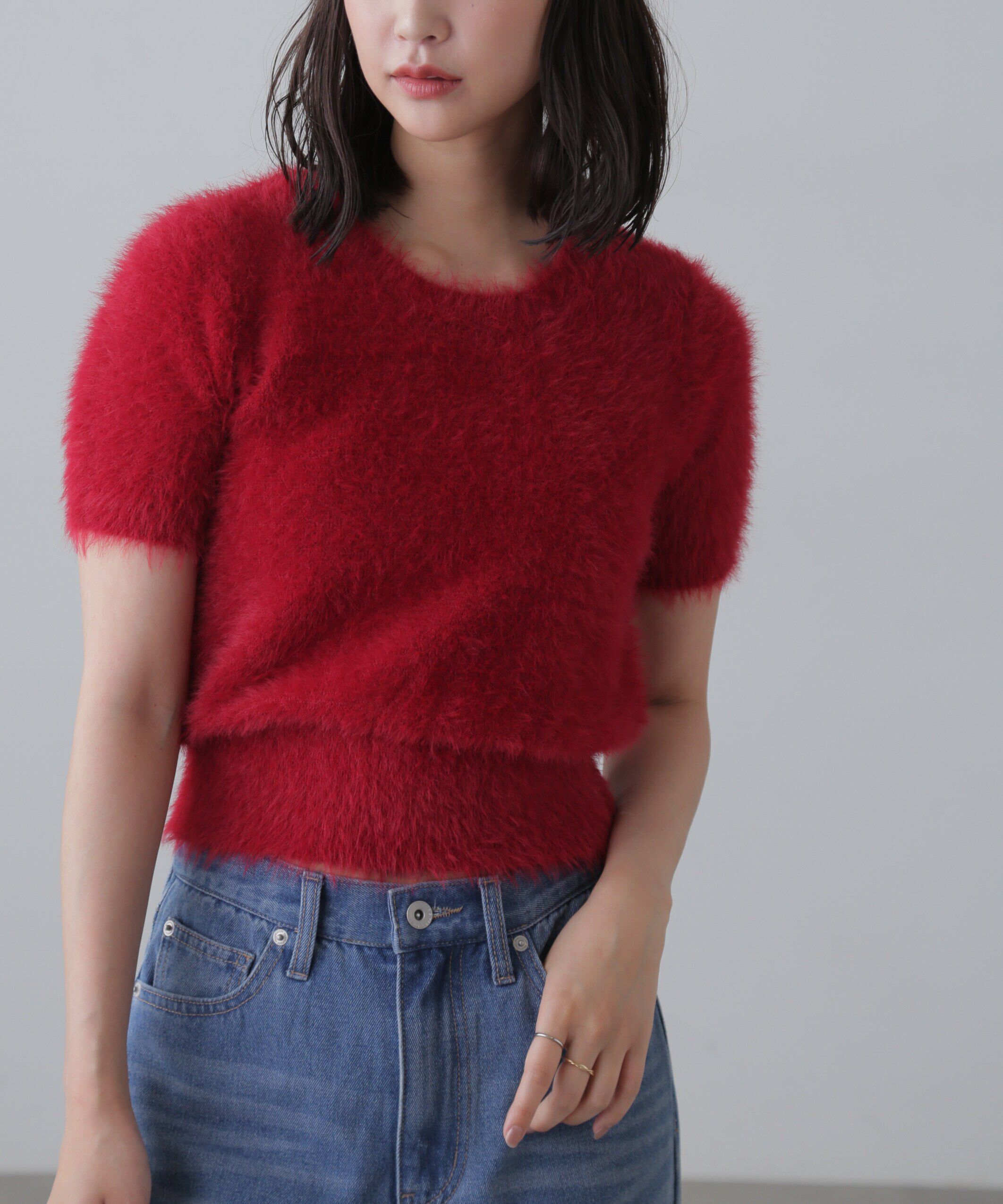  「シャギー半袖ニット」|ニット・セーター|レッド