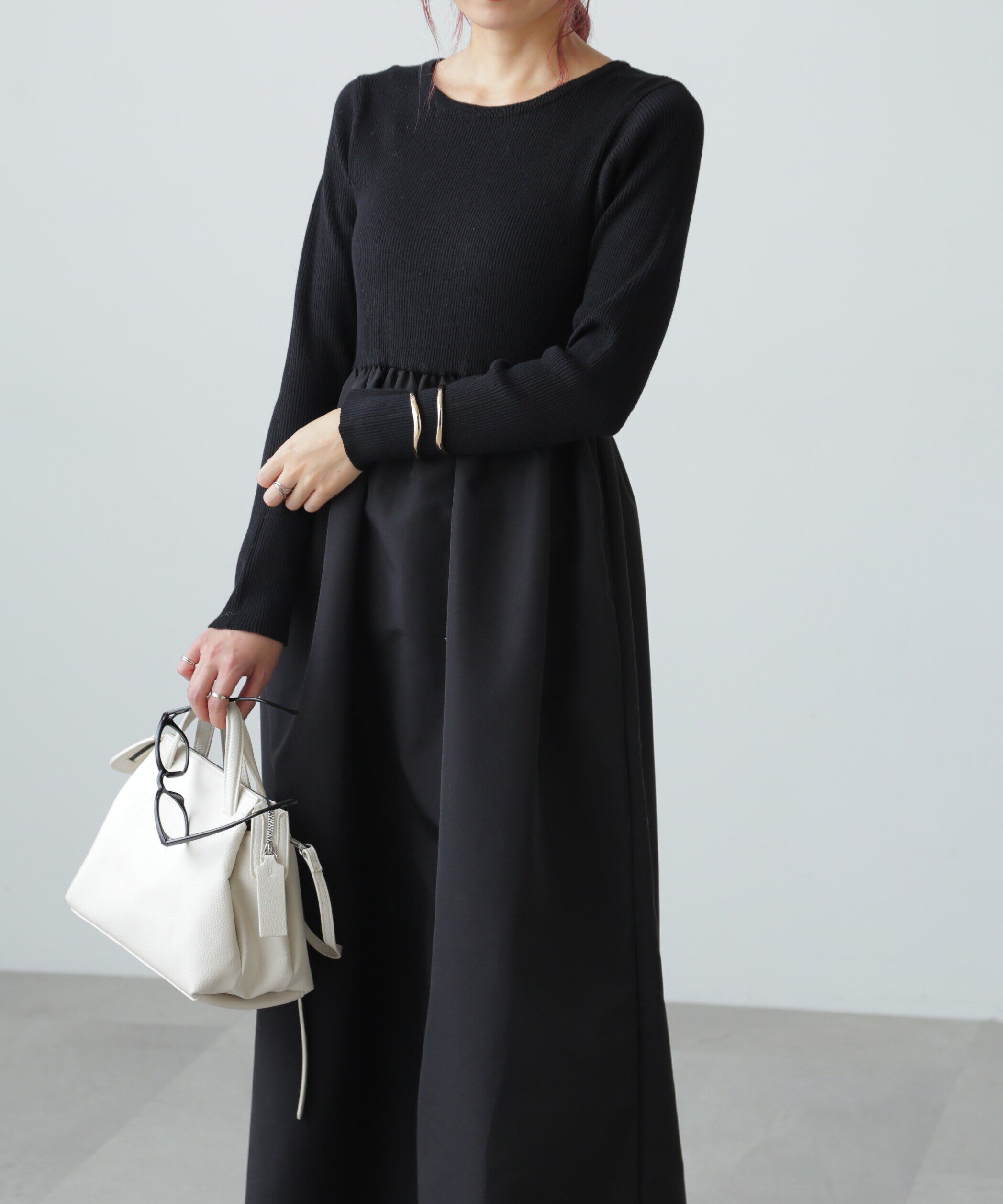  「布帛ドッキングクルーネックワンピース」|ワンピース|ブラック