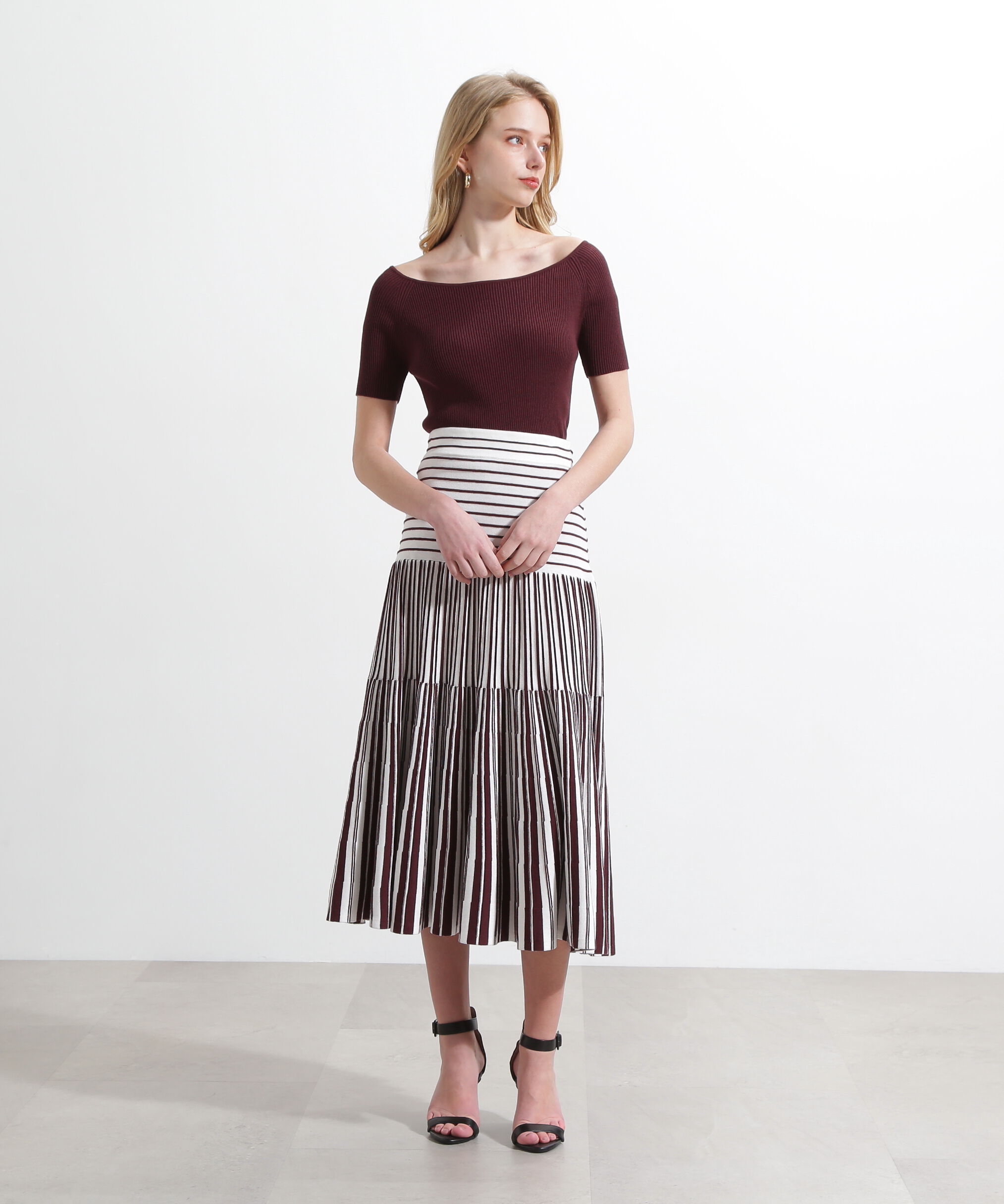  「バイカラーストライプフレアーニットスカート」|スカート|