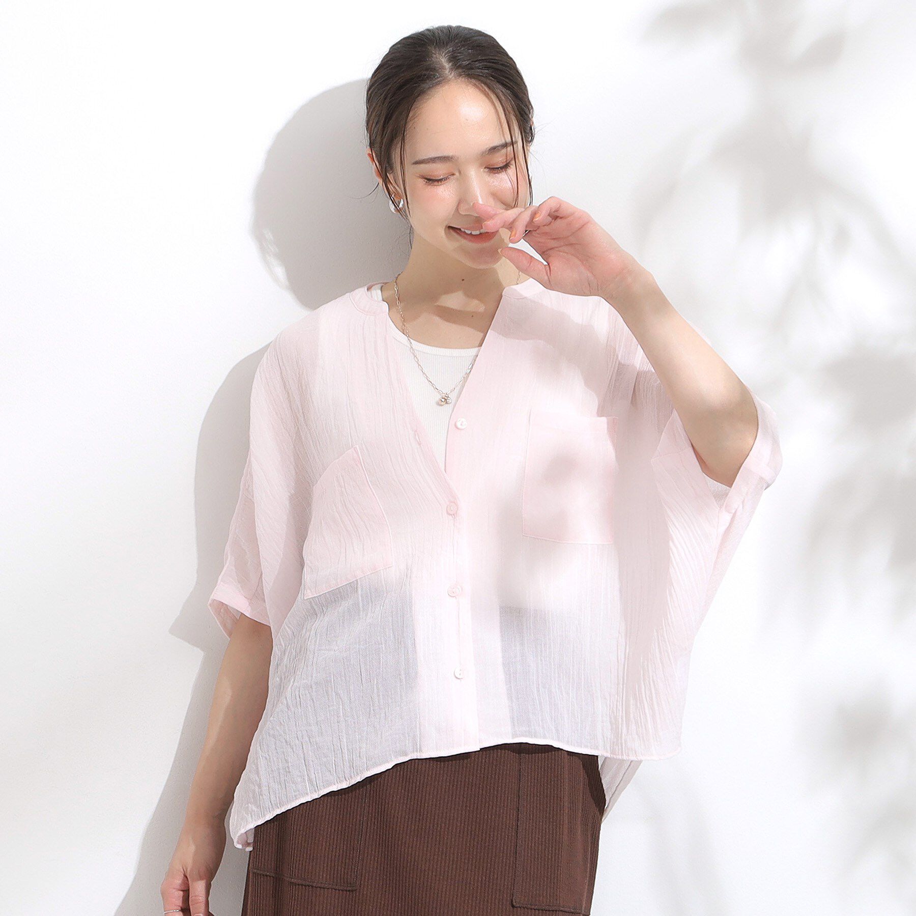 SHOO･LA･RUE「程よいシアー感 ポケットドルマン5分袖シャツ」|シャツ・ブラウス|