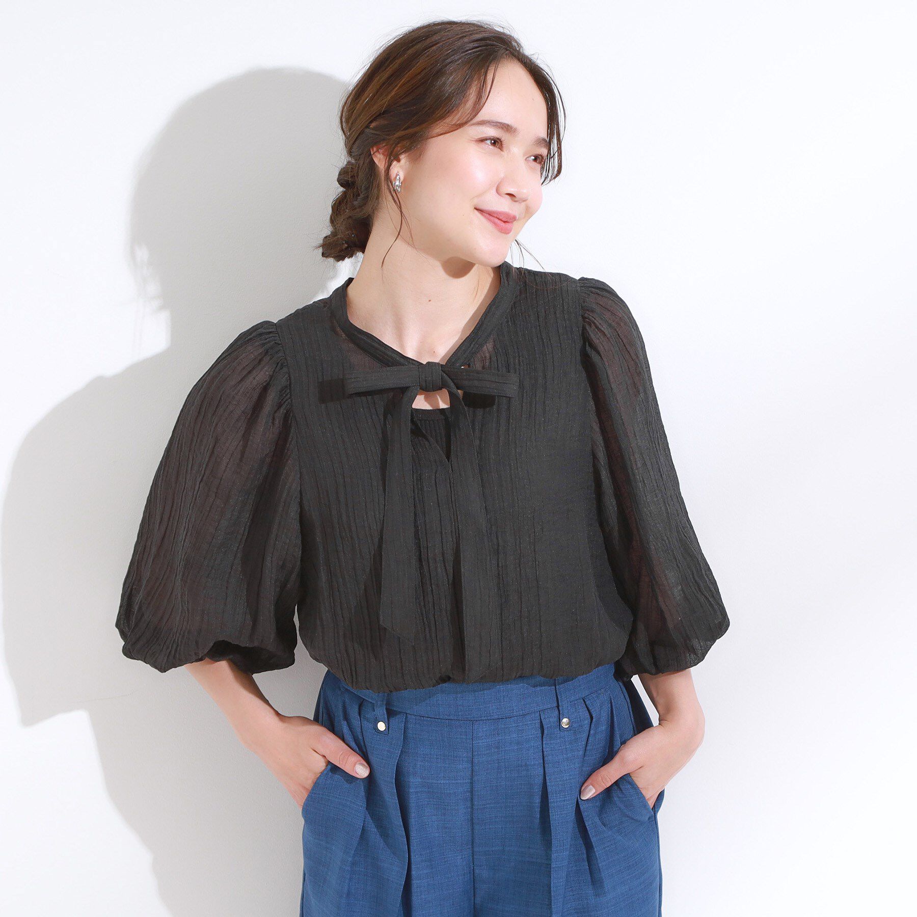 SHOO･LA･RUE「【S-LL/前後2WAY】バルーンスリーブが華やか こなれ見えシアーブラウス」|シャツ・ブラウス|